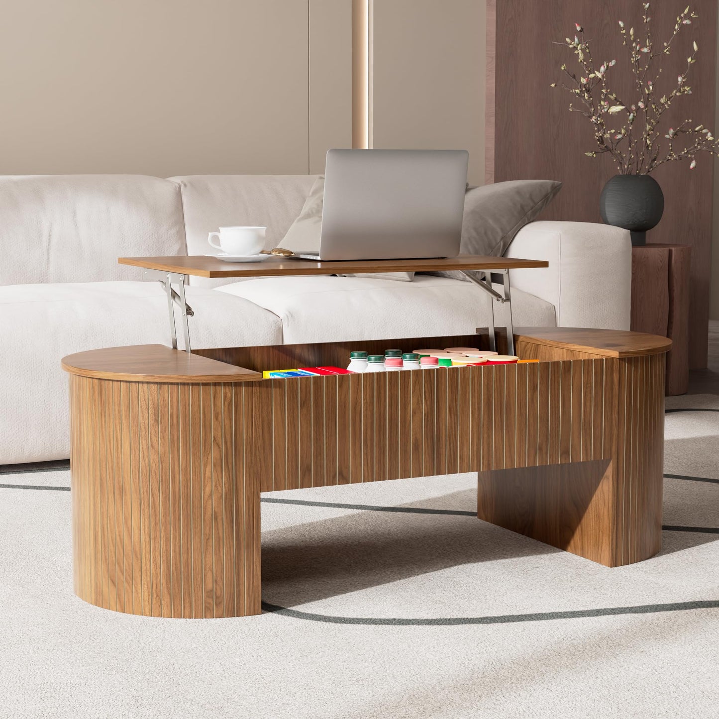 Lift Top Coffee Table with Hidden Storage Compartment, Oval Wooden Coffee Table with Lift Tabletop for Living Room, Mid Century Modern Center Table for Home Office, 47 Inch (Walnut)