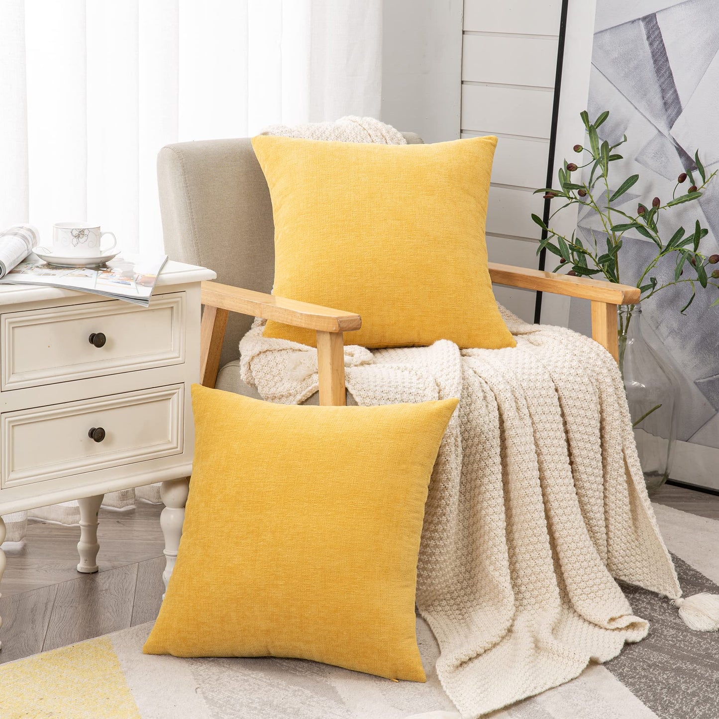 Decorative Square Throw Pillow Covers 20x20 Inch set of 2, Super Soft Chenille Farmhouse Pillowcase for Living Room Bedroom Sofa Couch Cushion Cover Gold Yellow 50x50cm/20x20 Inch