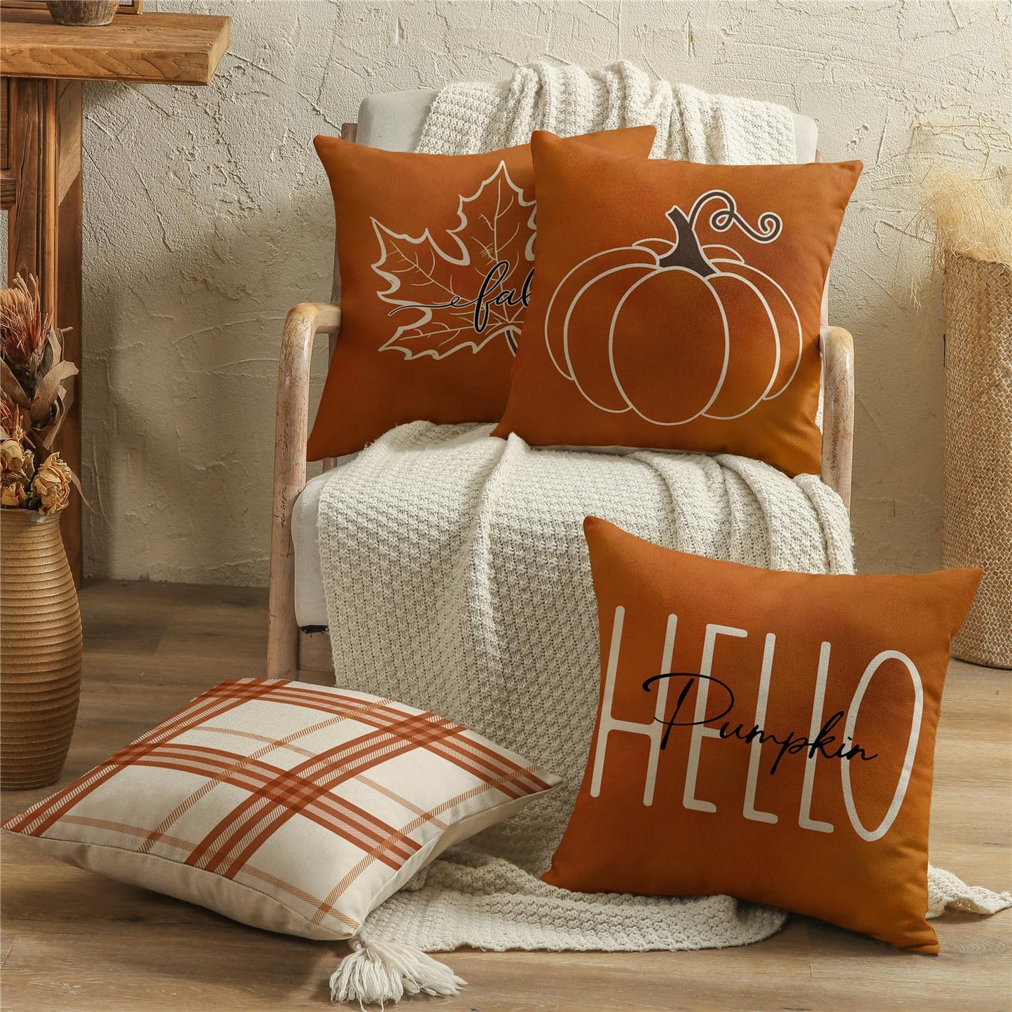 KISVODS Fall Pillow Covers 18x18 Thanksgiving Farmhouse Decorations Maple Leaf Pumpkin Outdoor Fall Decor Throw Pillow Covers Orange Plaid Autumn Harvest Cushion Case for Sofa Couch Set of 4