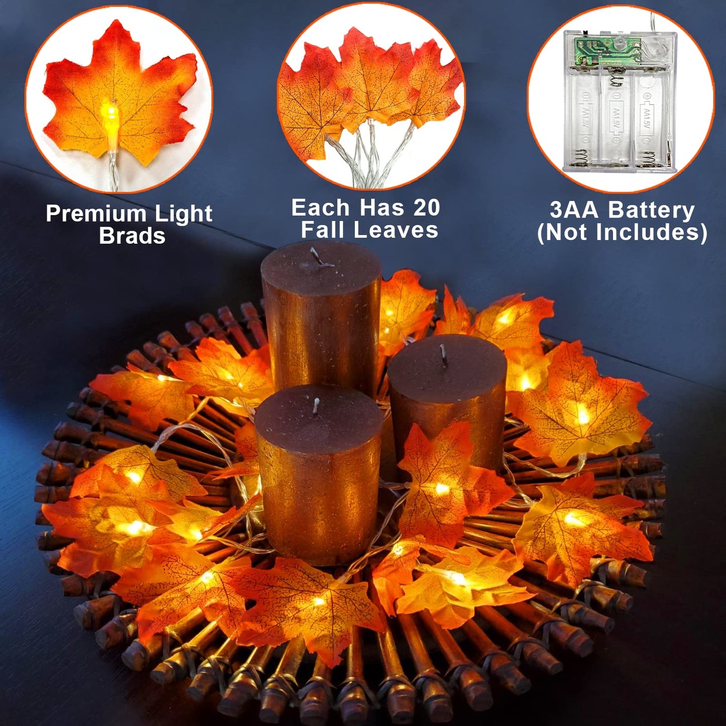 TURNMEON 2 Pack Fall Decor Enlarged Maples Leafed Fall Decorations for Home Fall Lights Thick Leafs Garlands, Total 20Ft 40LED Battery Operated Waterproof Thanksgiving Halloween Decor Indoor Outdoor