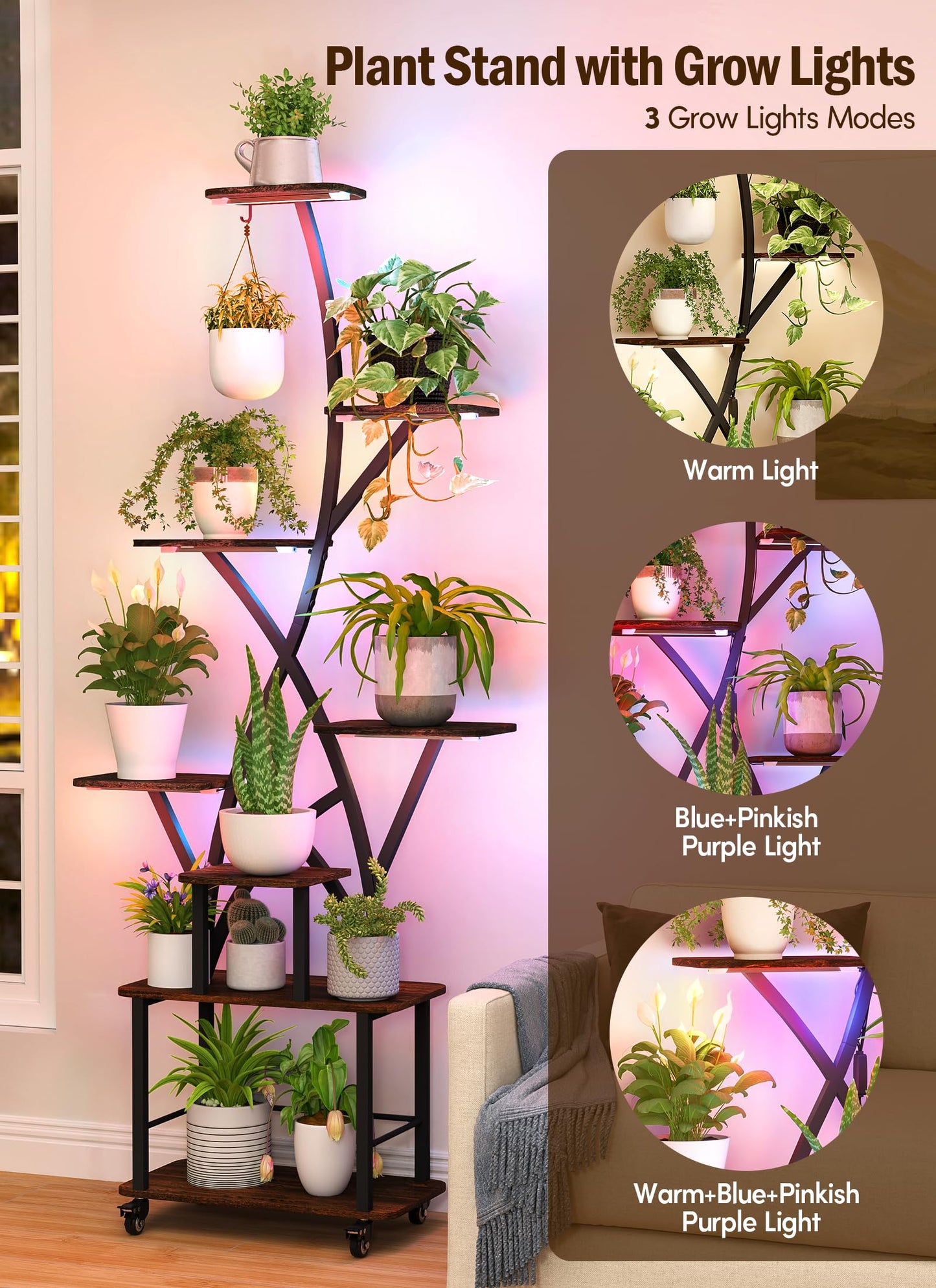 Plant Stand Indoor with Grow Lights 64" Tall Plant Shelf with Wheel Lighted Corner Plant Stands for Indoor Growing Multiple Metal 8 Tiered Large Flower Holder Plant Rack for Home Patio Balcony