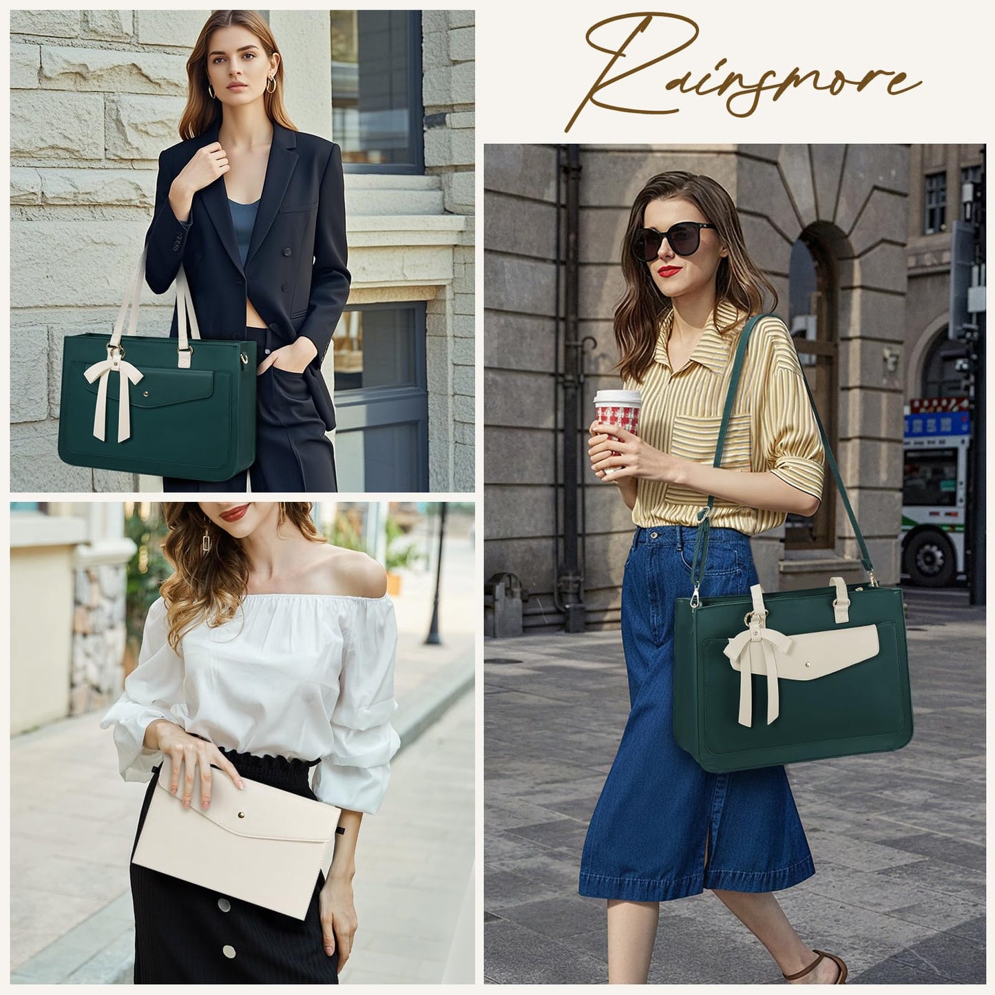 RAINSMORE Laptop Bag for Women 15.6 Inch Work Tote Bags Leather Laptop Tote Waterproof Computer Bag Professional Office Briefcase Large Handbag for College Teacher Travel, Beige and Green