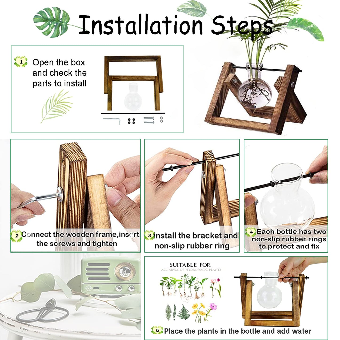 Kingbuy Plant Propagation Station Air Plant Terrarium Bulb Vase with Wooden Swivel Holder Desktop Glass Planter for Indoor Water Plants Home Office Tabletop Decor - 1 Bulb Vase