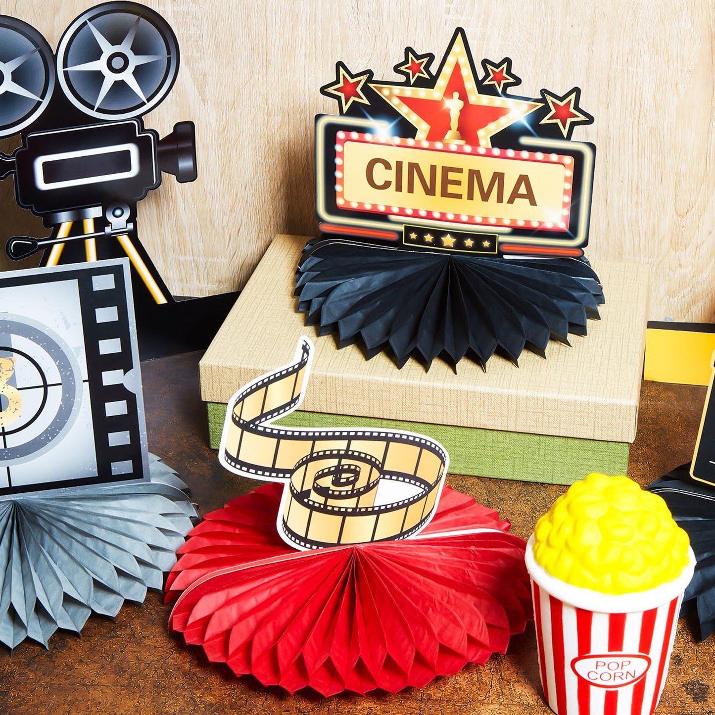 Chinco 12 Pieces Movie Night Party Supplies Decorations Movie Theater Honeycomb Centerpiece 3D Microphone Ticket Star Video Paper Centerpiece Sign Table Decoration for Theater Birthday Party Favors