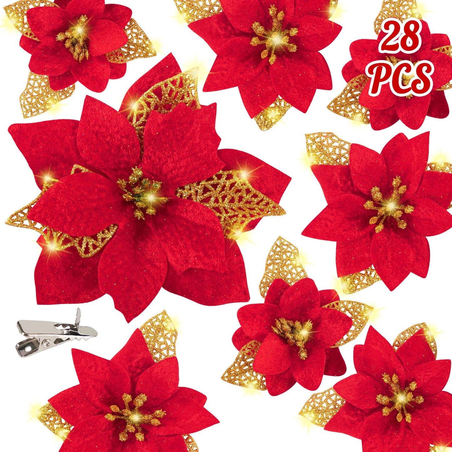 Geefuun 28PCS Christmas Tree Decorations: Poinsettias Artificial Flowers Ornaments Xmas Red Glitter Flower with Clips,3 Sizes(Not Included Stems)