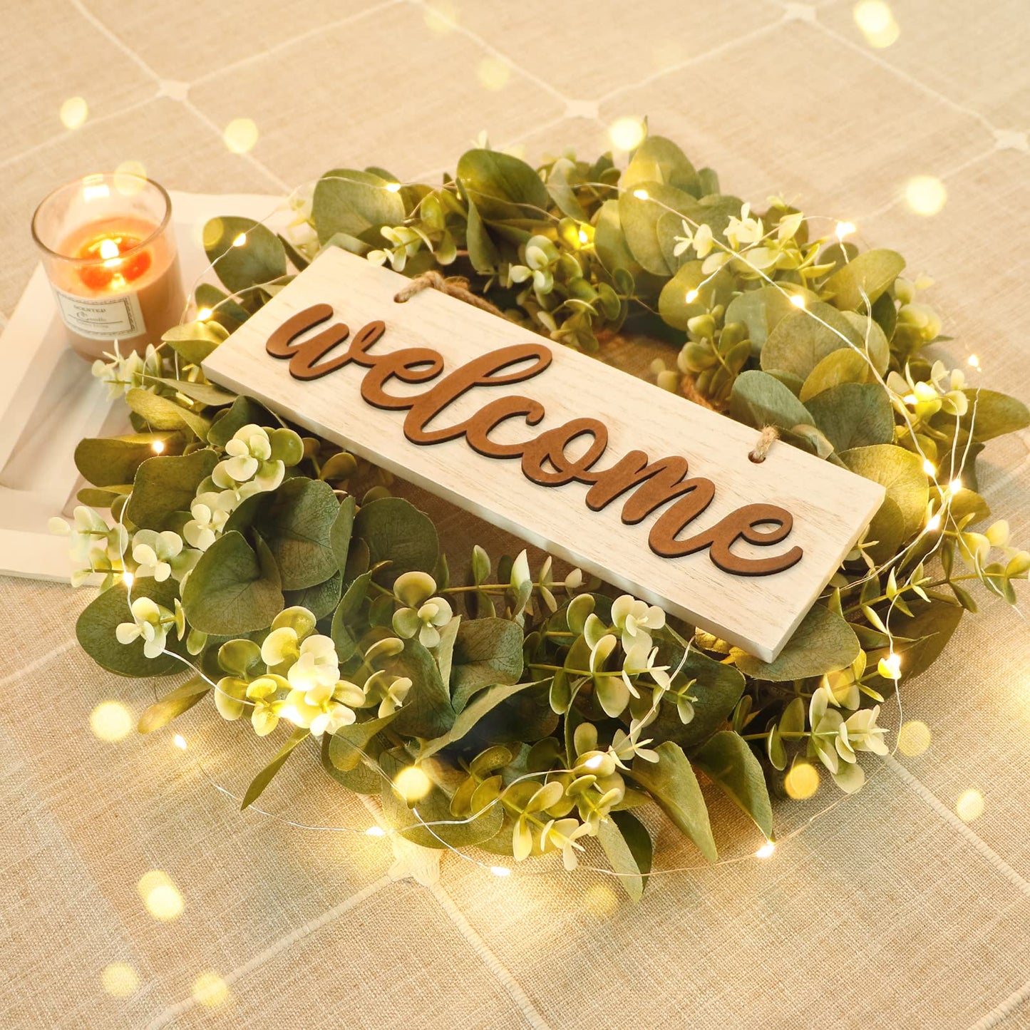 Dremisland 16 Inch Eucalyptus Leaves Wreath,Artificial Green Leaves Wreath with Welcome Sign Board for Front Door Window Farmhouse Garden Festival Celebration Home Decoration (White)