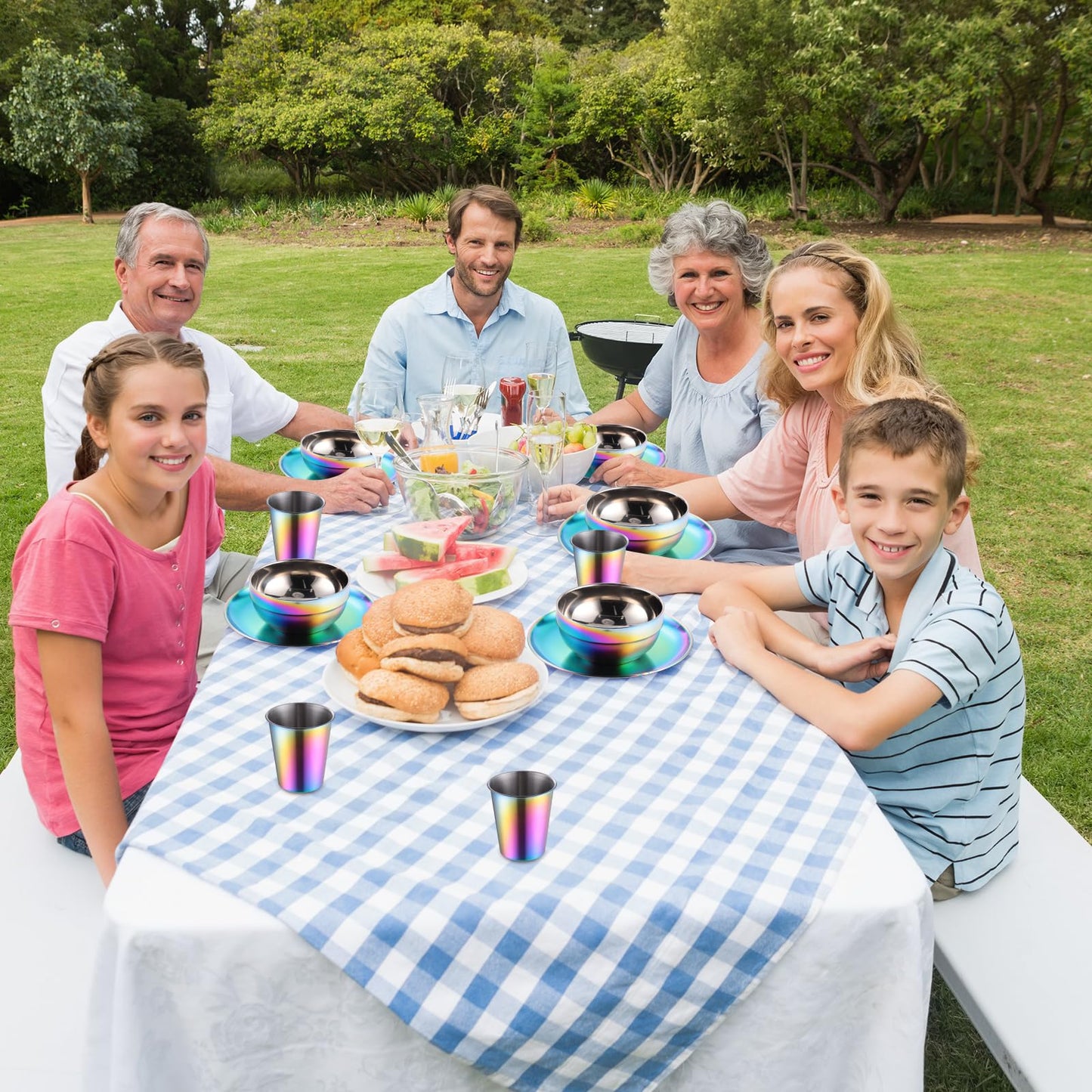 Layhit 30 Pcs Rainbow Stainless Steel Dinnerware Set Include Set of 10 Plates Bowls Cups Iridescent Cooking Tableware Reusable Metal Dishes Cutlery Bulk for Camping Picnic Kitchen Dessert Salad Dinner