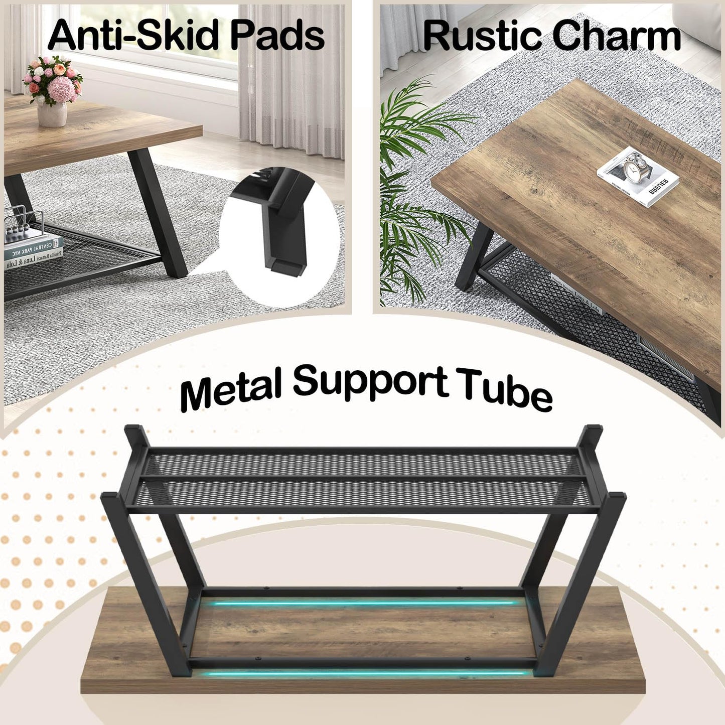 FOLUBAN Coffee Table, Modern Rustic Wood and Metal Center Table with Storage, Industrial Cocktail Tea Table for Living Room, Oak, 47 Inch