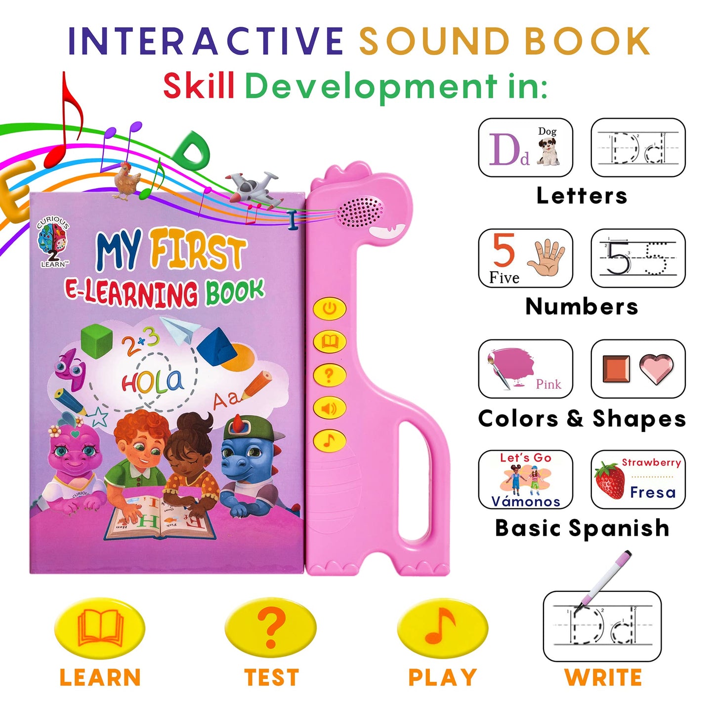 Curious 2 Learn ABC Learning for Toddlers, Busy Book, Speech Therapy, Alphabet Sound Book, Preschool Learning Activities, Letter Tracing, English & Spanish, Educational Toys - Age 3+ Girls / Boys