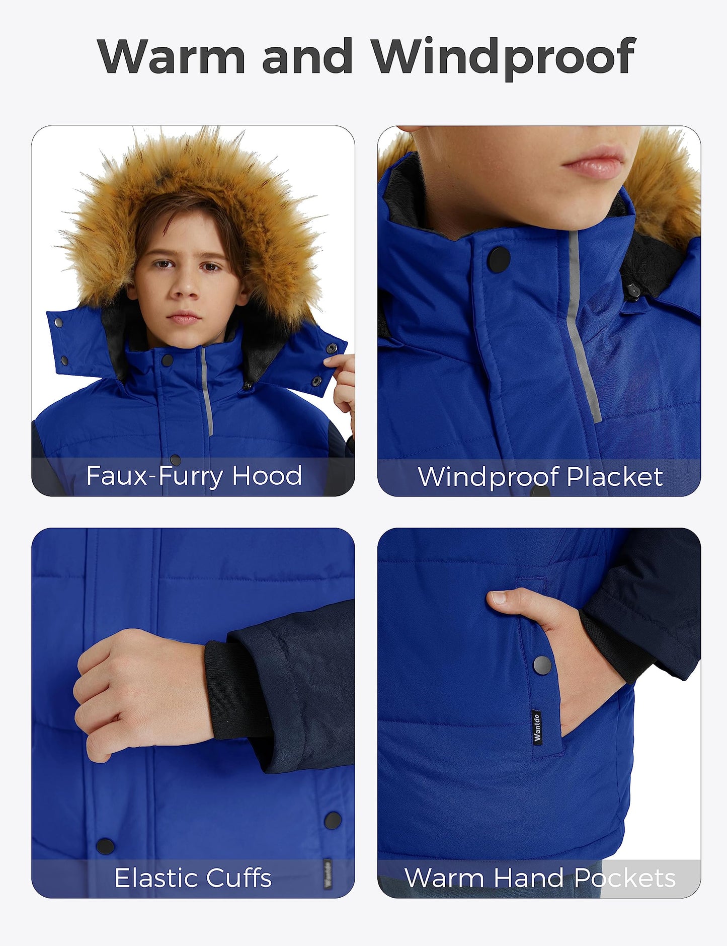 wantdo Boys' Puffer Jacket Warm Thick Winter Coat Hooded Outerwear Acid Blue navy 8