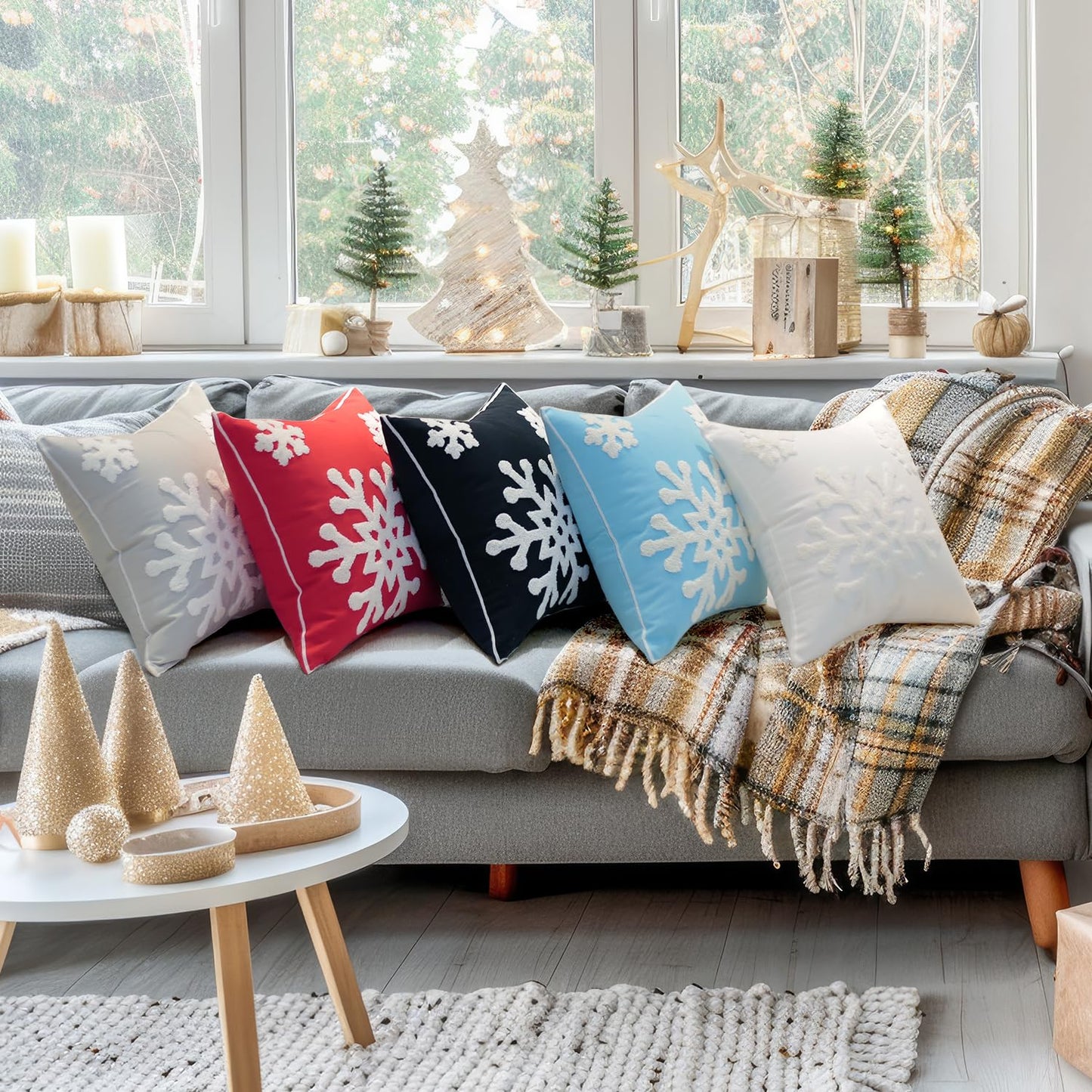 Elife Soft Square Christmas Snowflake Home Decorative Canvas Cotton Embroidery Throw Pillow Covers 18x18 Cushion Covers Pillowcases for Sofa Bed Chair (1 Pair, Grey)