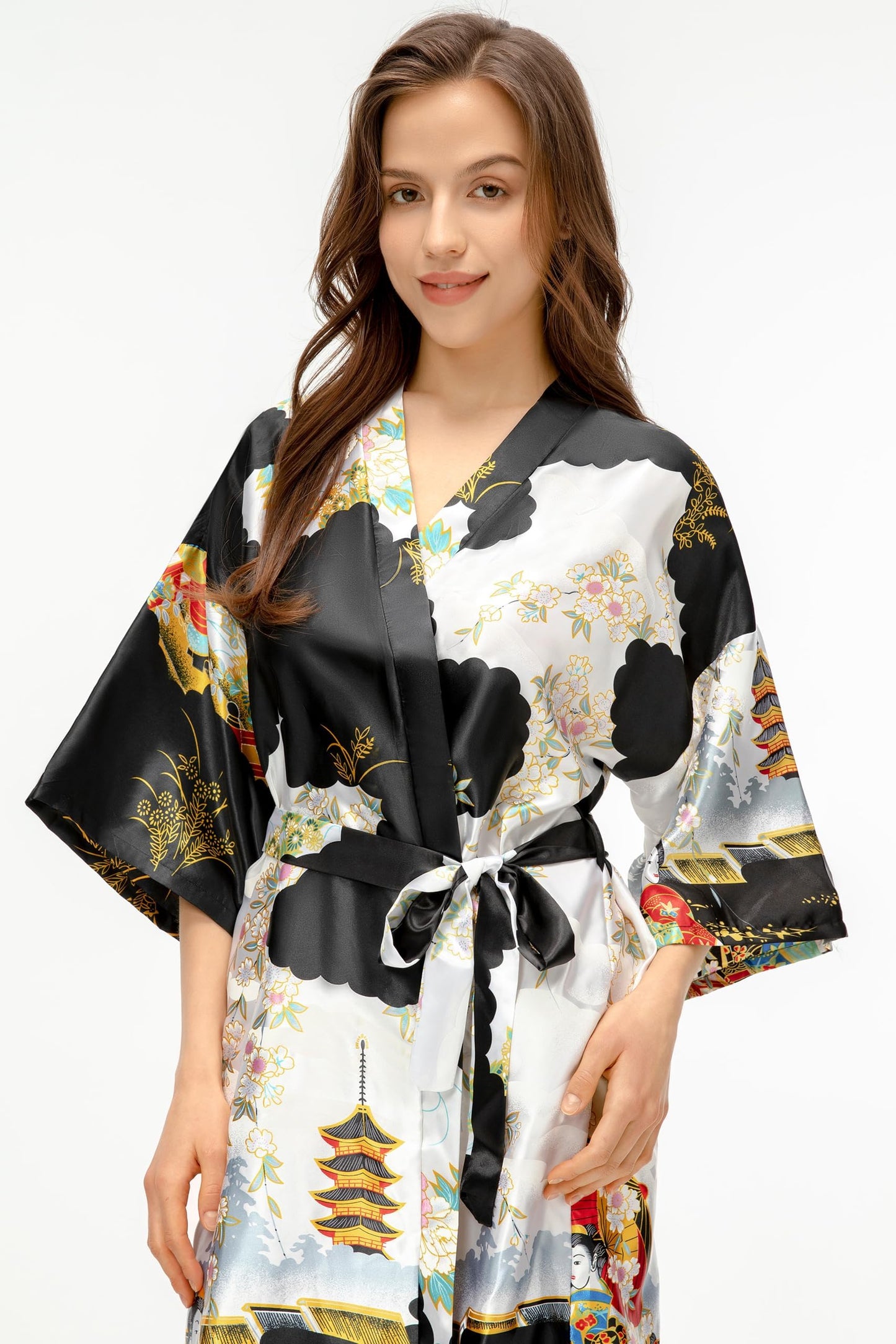 PRODESIGN Kimono Robe for Women - Long Satin Sleepwear Silky Kimono Cover-Up Nightgown Japanese Bathrobe Loungewear Blouse