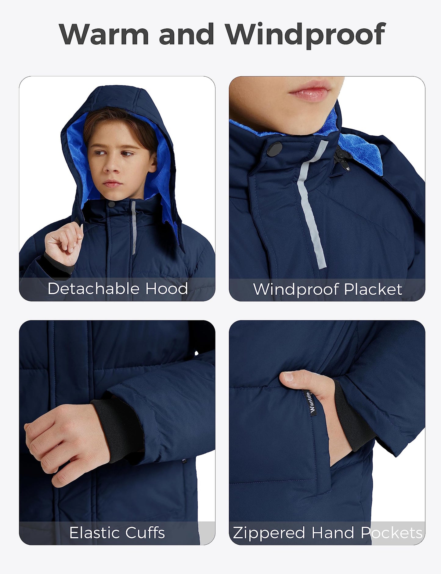 wantdo Boy's Waterproof Winter Coat Fleece Puffer Jacket with Hood Navy Size 6-7