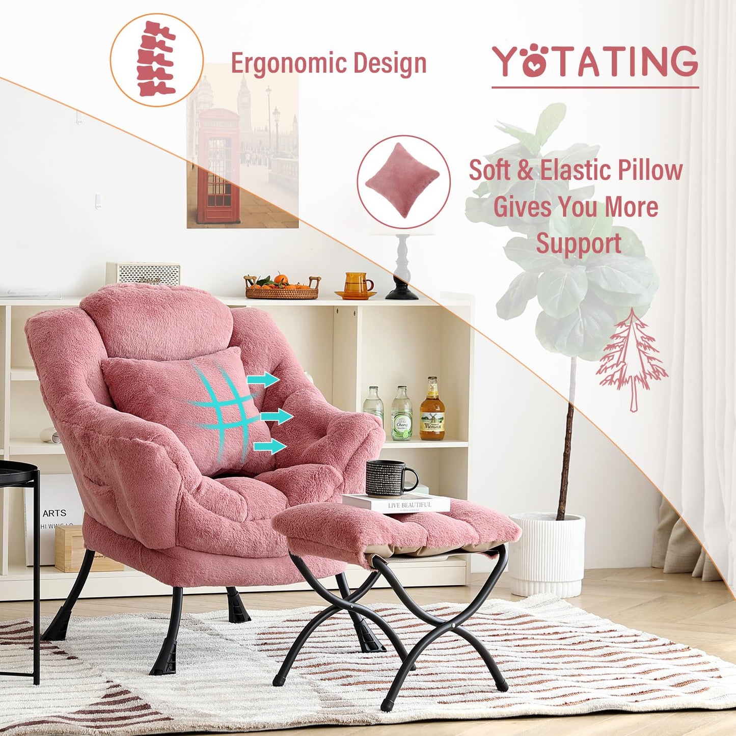 YOTATING Lazy Chair with Ottoman, Comfy Reading Lounge Chair with Footstool & Throw Pillow Modern with Armrests & Side Pocket for Living Room, Bedroom, Dorm Room, Plush Dark Pink