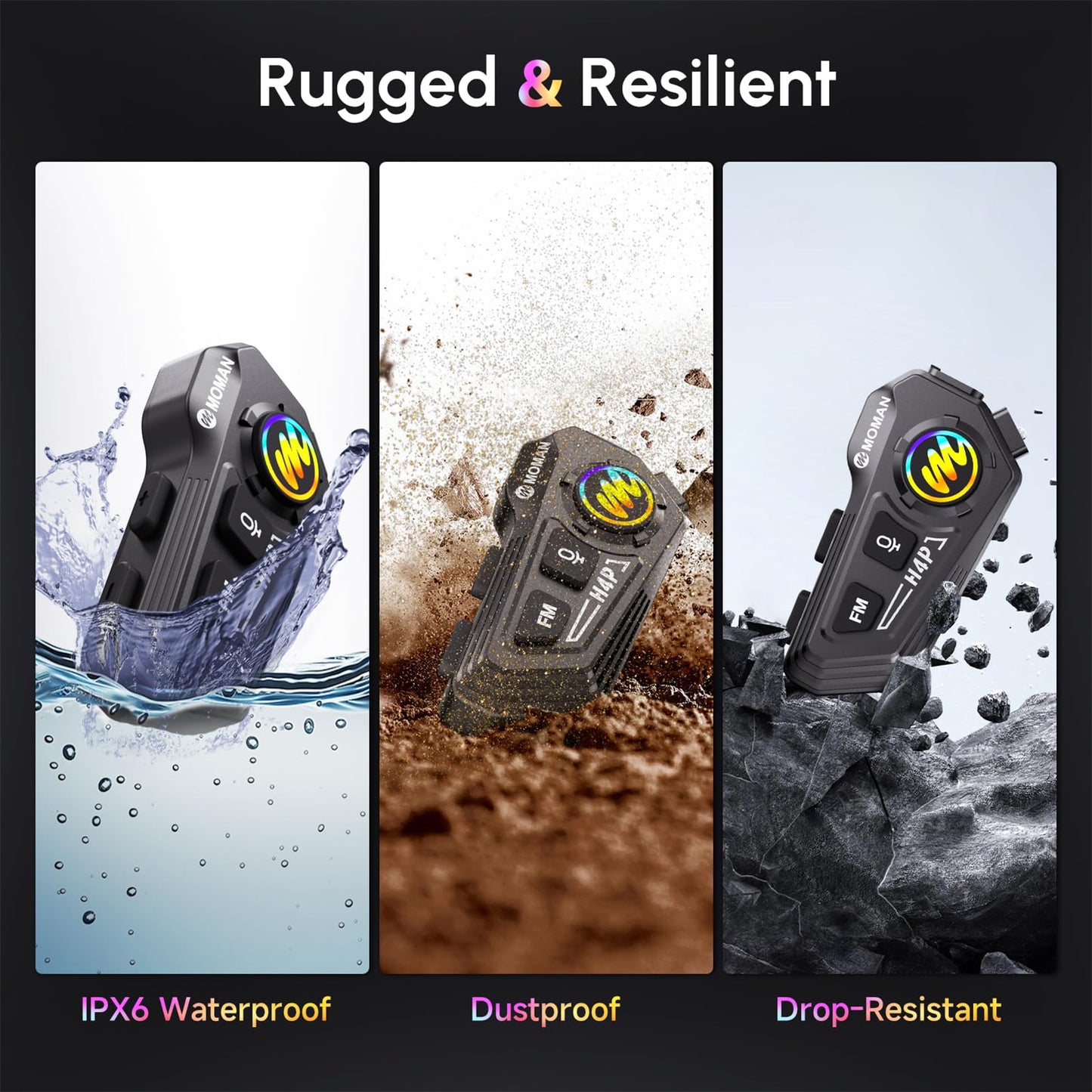 Motorcycle Helmet Headset, Moman RS-H4P Motorbike Headphone with Hi-Fi Speakers Dual Noise Reduction【New Upgrade】in RGB/FM/Glove-Friendly Button/Soft & Hard Mic/AI Voice/IPX6 Earphone for Solo Riding