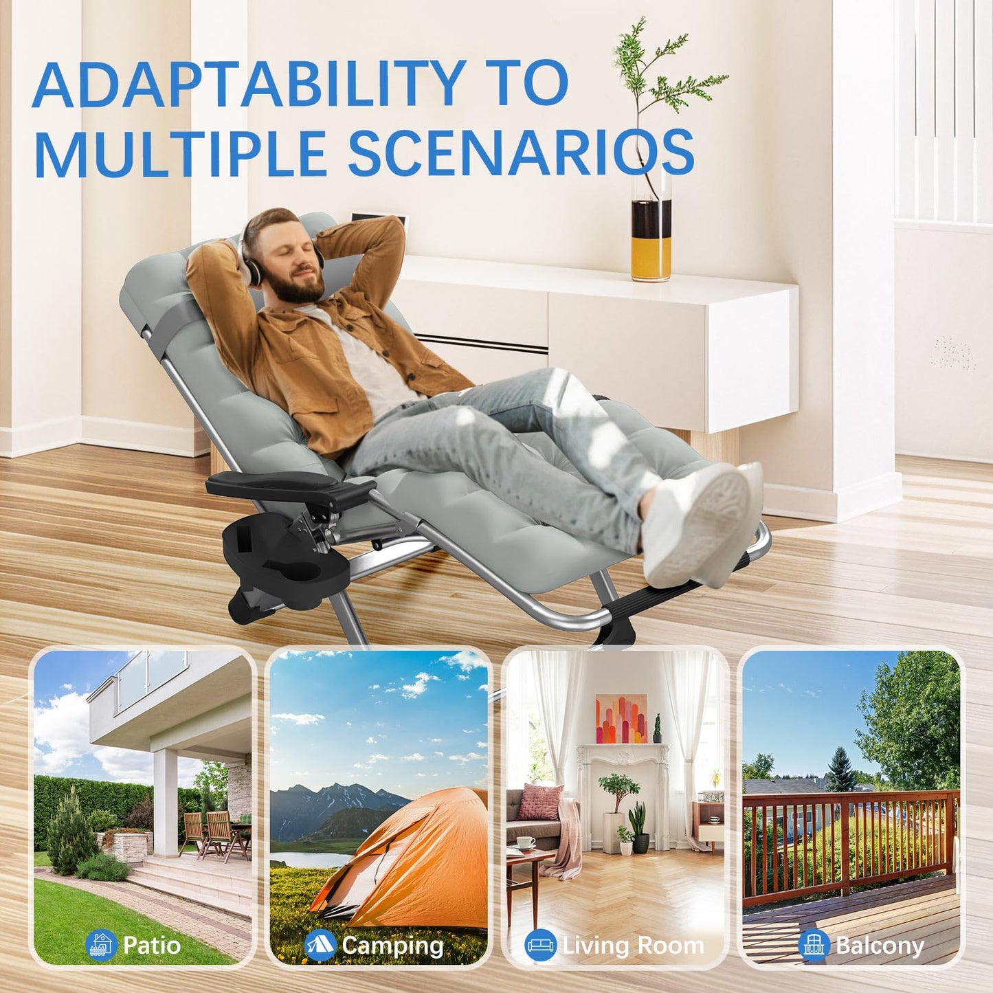 Slendor Zero Gravity Chair Lounge Chair Recliner w/Upgraded Lock and Removable Cushion, Reclining Camping Chair w/Cup Holder Tray & Headrest, Folding Reclining Patio Chairs for Indoor Outdoor, Gray