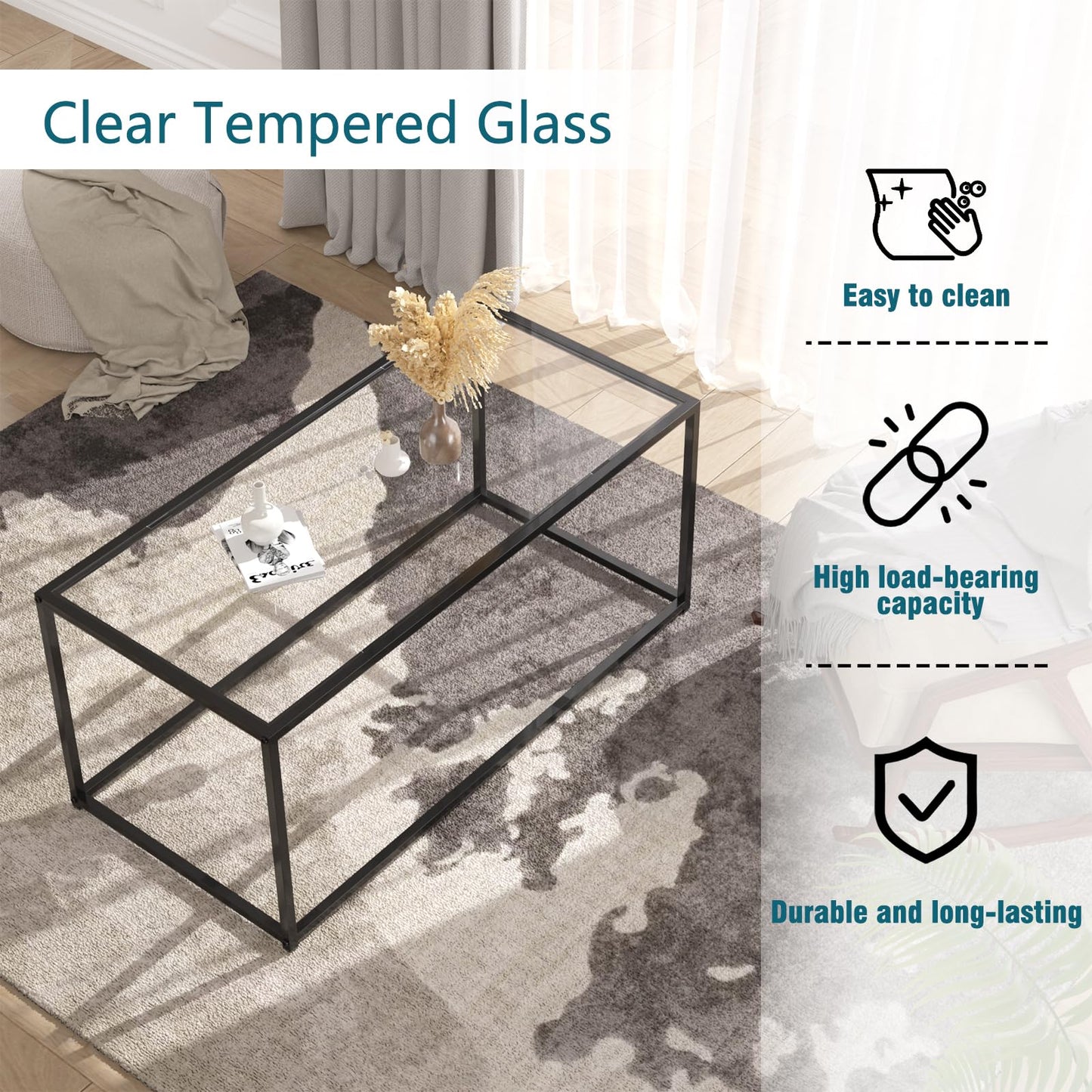 Glass Coffee Table Modern Center Table,Minimalist Coffee Table for Living Room,Tempered Glass-top with Sturdy Metal Frame, Easy Assembly,Black