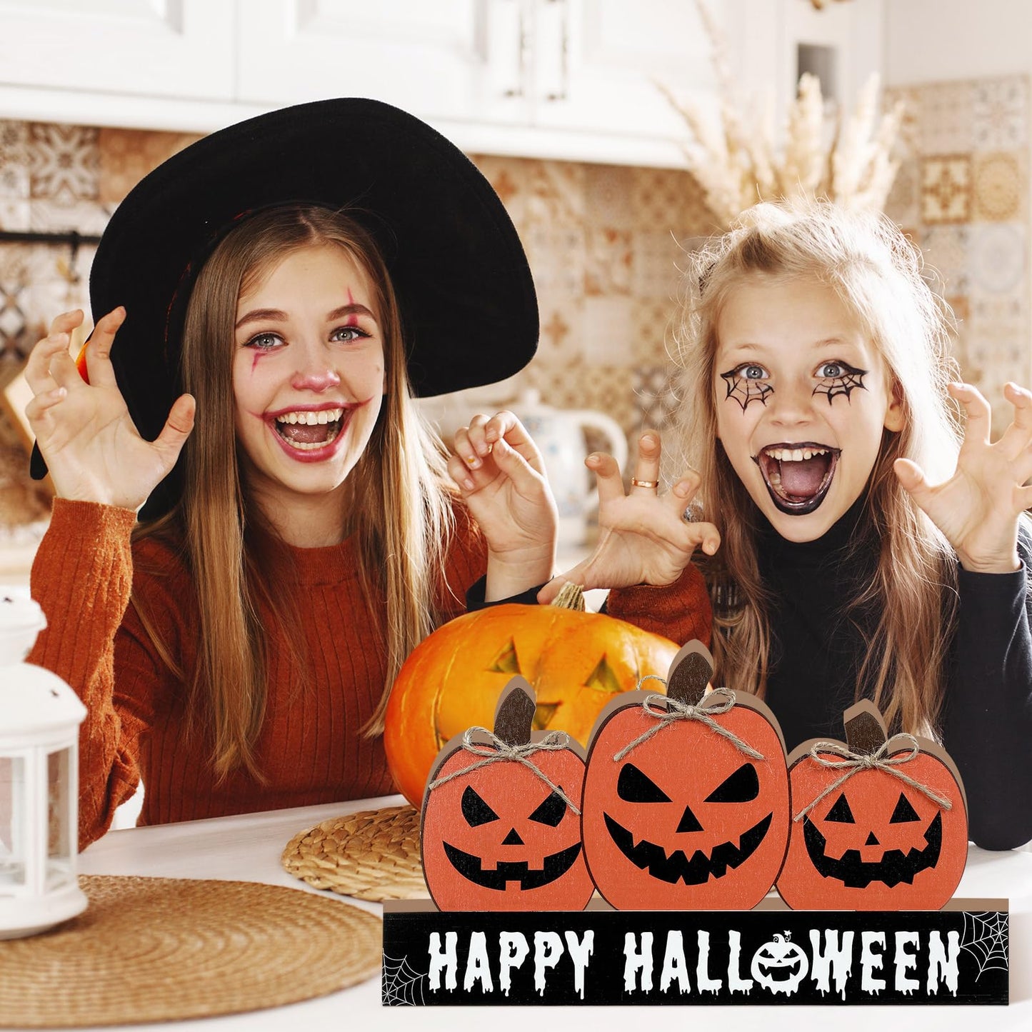 Purpeak Fall Wooden Table Sign Double Side Halloween and Thanksgiving Tabletop Pumpkin Sign Happy Fall Wood Block Tiered Tray Decor for Home Shelf Party Decor