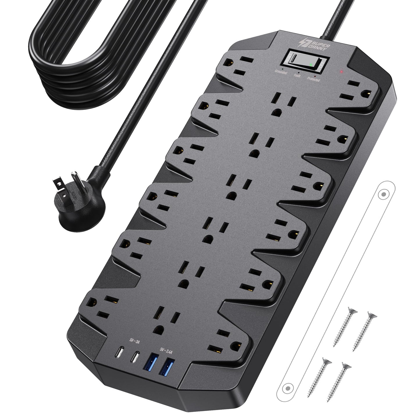 Surge Protector Power Strip, SUPERDANNY 18 AC Outlets with 4 USB Ports, 1875W/15A, 2100J, 6.5FT Flat Plug Heavy Duty Extension Cord with Wall Mount Holes for Home, Office, Gaming Room,Dorm, Black
