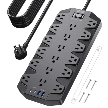 Surge Protector Power Strip, SUPERDANNY 18 AC Outlets with 4 USB Ports, 1875W/15A, 2100J, 6.5FT Flat Plug Heavy Duty Extension Cord with Wall Mount Holes for Home, Office, Gaming Room,Dorm, Black
