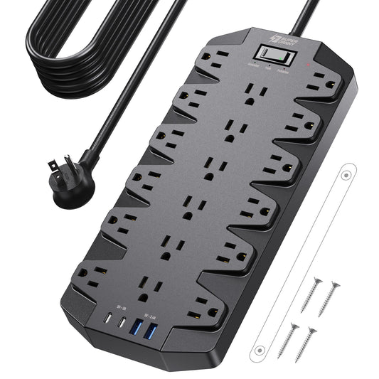 Surge Protector Power Strip, SUPERDANNY 18 AC Outlets with 4 USB Ports, 1875W/15A, 2100J, 6.5FT Flat Plug Heavy Duty Extension Cord with Wall Mount Holes for Home, Office, Gaming Room,Dorm, Black