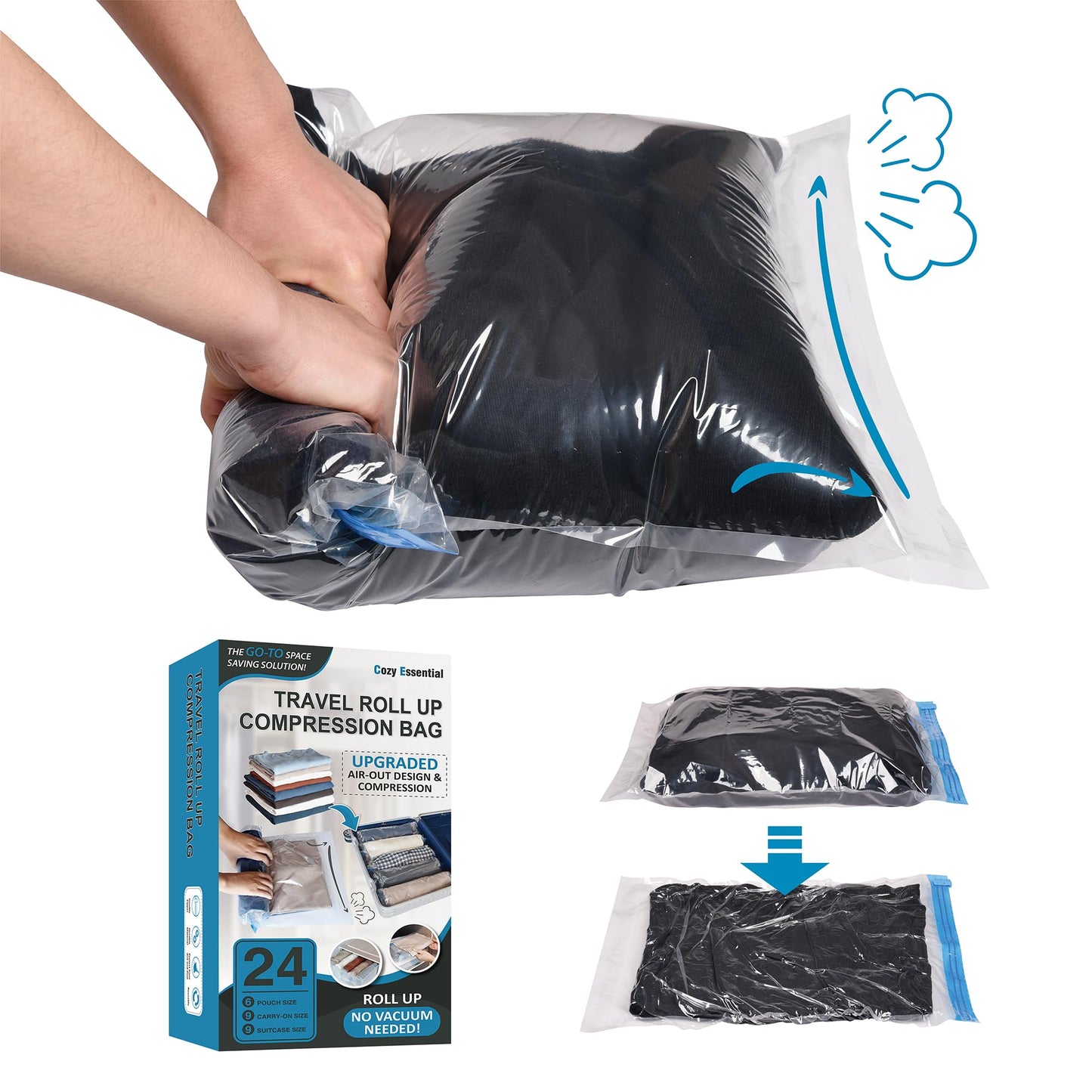 Compression Bags for Travel - Travel Essentials - 12 Pack Space Saver Bags - No Vacuum Needed - Compression Packing Bags for Cruise Accessories