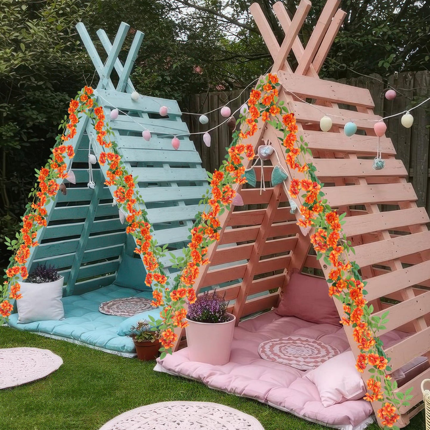 GhuaH 2 Pcs Artificial Flowers Garland for Outdoors Orange Faux Gardenia Garland 12Ft Silk Rose Hanging Vines Floral for Wedding Arch Party Wall Garden Ceremony Backdrop Fence Spring Decor