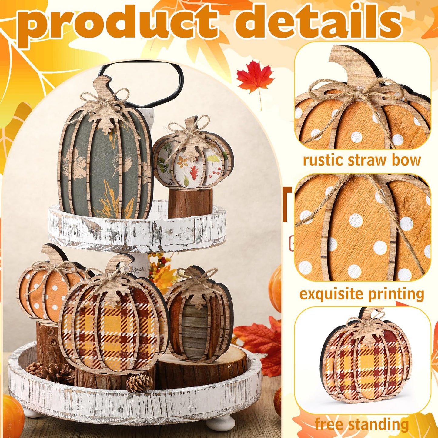 Leinuosen 6 Pcs Fall Pumpkin Decor Pumpkin Wooden Block Sign Fall Tiered Tray Decor for Home Autumn Table Centerpieces Decorations for Thanksgiving Harvest Table Mantel Shelf