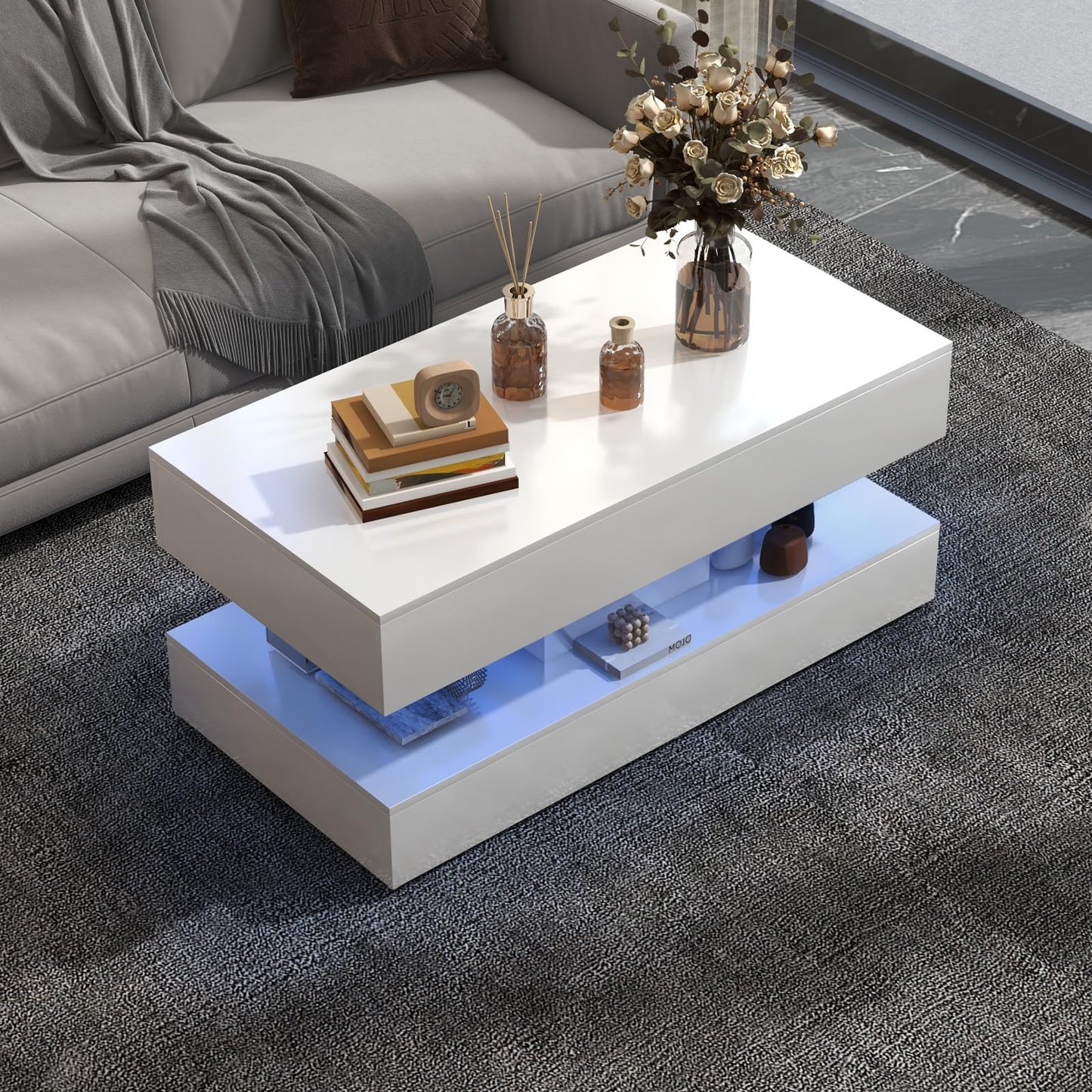 OC Orange-Casual LED Coffee Table with Storage, High Glossy Center Table with 2 Sliding Drawers, Modern Stylish Rectangle Coffee Table Double Layer with Open Display Shelf for Living Room (White)