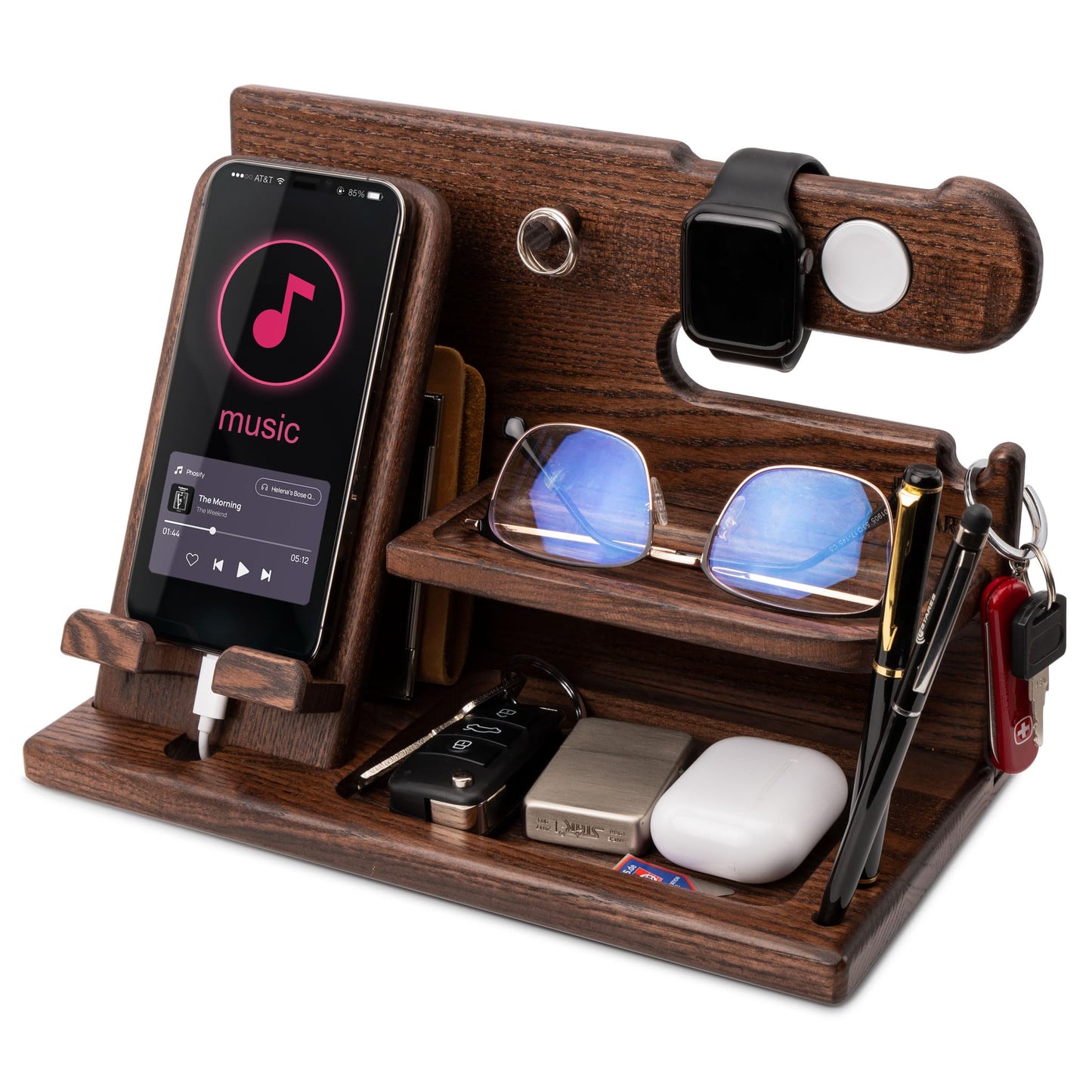 TESLYAR Wood Phone Docking Station for Men - Desk or Nightstand Organizer - Birthday Gifts for Husband, Dad - Anniversary Idea from Wife - Key Holder, Stand Wallet, Watch & Essentials (Bourbon Brown)