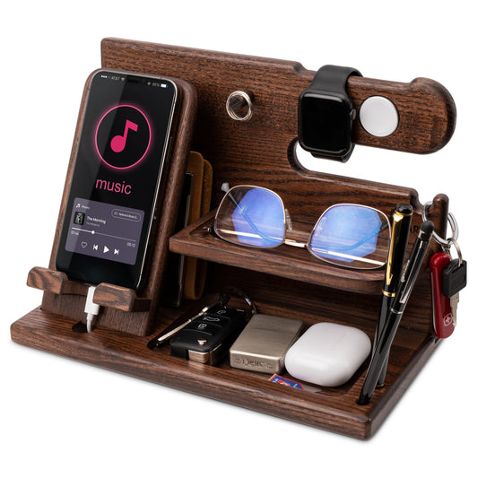TESLYAR Wood Phone Docking Station for Men - Desk or Nightstand Organizer - Birthday Gifts for Husband, Dad - Anniversary Idea from Wife - Key Holder, Stand Wallet, Watch & Essentials (Bourbon Brown)