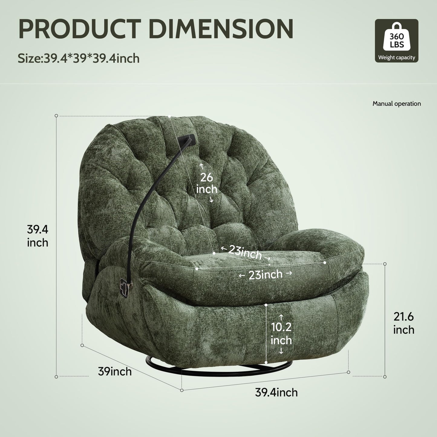 Immulize Oversized Swivel Rocker Recliner Chair with Phone Holder,Swivel Rocking Sofa,Large Recliner Glider Chair for Living Room,Bedroom,Chenille Fabric,Green