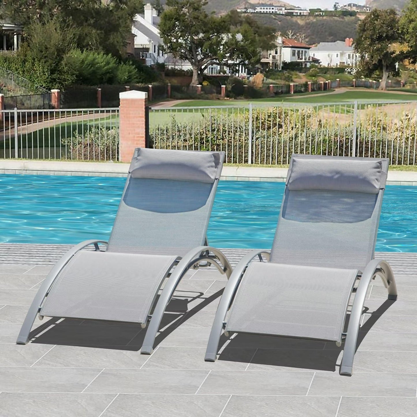 Domi Pool Lounge Chairs Set of 2, Adjustable Aluminum Outdoor Chaise Lounge Chairs, All Weather for Deck Lawn Poolside Backyard -Grey Textilene