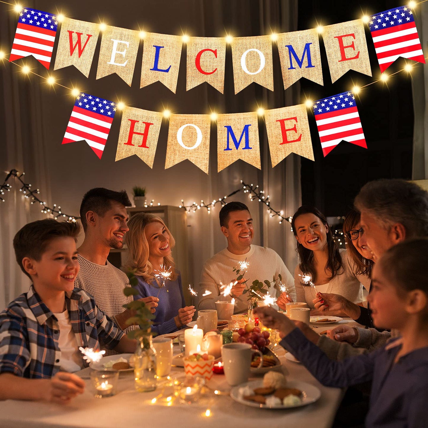 Mudder Welcome Home Banner with LED Decoration Fairy String Light 2 Flicker Mode Patriotic Banner Bunting Welcome Home Sign for Housewarming Military Celebration Family Party Supplies Gifts