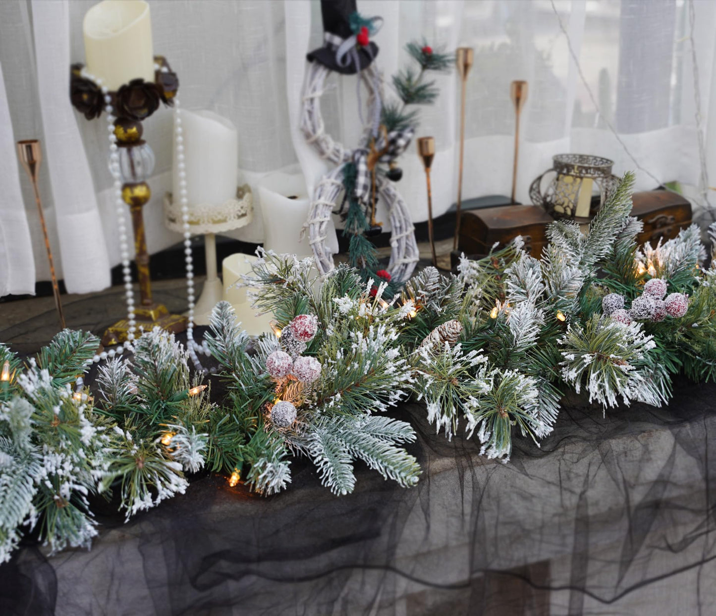 CRSMATTS Pre-Lit Artificial Christmas Garland, Snowy Garland, White Lights 50, Decorated with Pine Cones, Berry Clusters,Pine Needle,Plug in, Christmas Decorations, 6 Feet