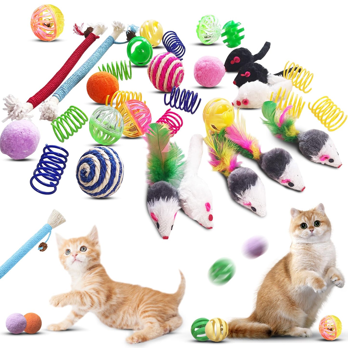 YULOYI Cat Toys for Indoor Cats - 34 Packs Interactive Set with Colorful Springs, Mouse Toy, Catnip Ropes, Balls, Bells, and Sisal Ball for Kittens