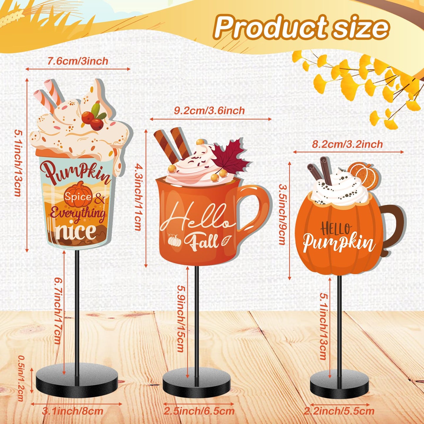 3 Pcs Fall Wood Table Decor Fall Coffee Bar Decor Pumpkin Mug Maple Leaf Wooden Sign Thanksgiving Table Centerpieces for Autumn Thanksgiving Decorations Indoor Outdoor