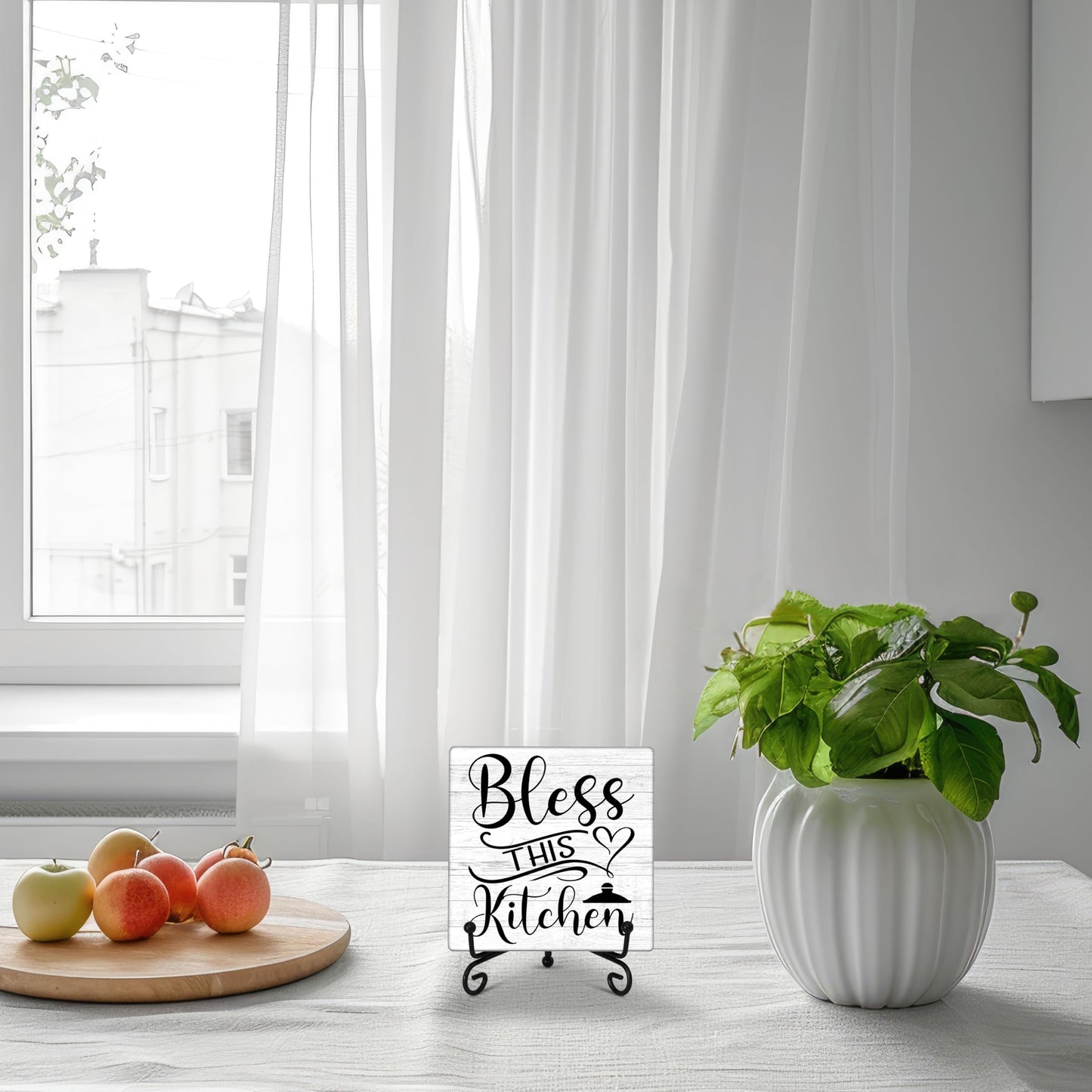 GOLRMC Kitchen Counter Decor, Table Decorations for Dining Room, Blessd Sign, Fun Farmhouse Kitchen Wooden Plaque with Iron Stand for Table Shelf Display-A02