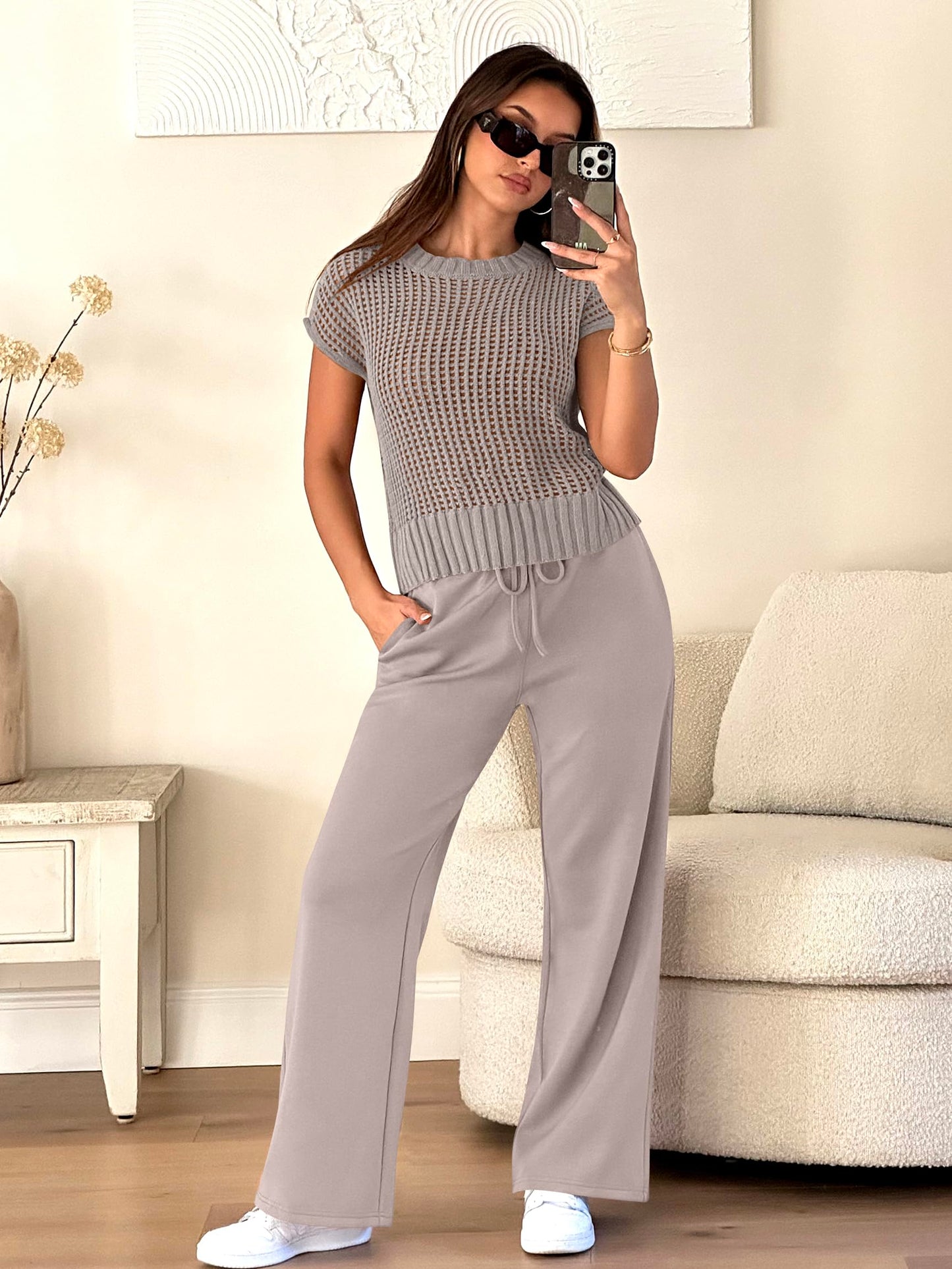 ANRABESS Women Two Piece Outfits Crochet Sheer Knit Sweater Top Wide Leg Pants Lounge Matching Sets Sweatsuit Travel Clothes light khaki X-Large