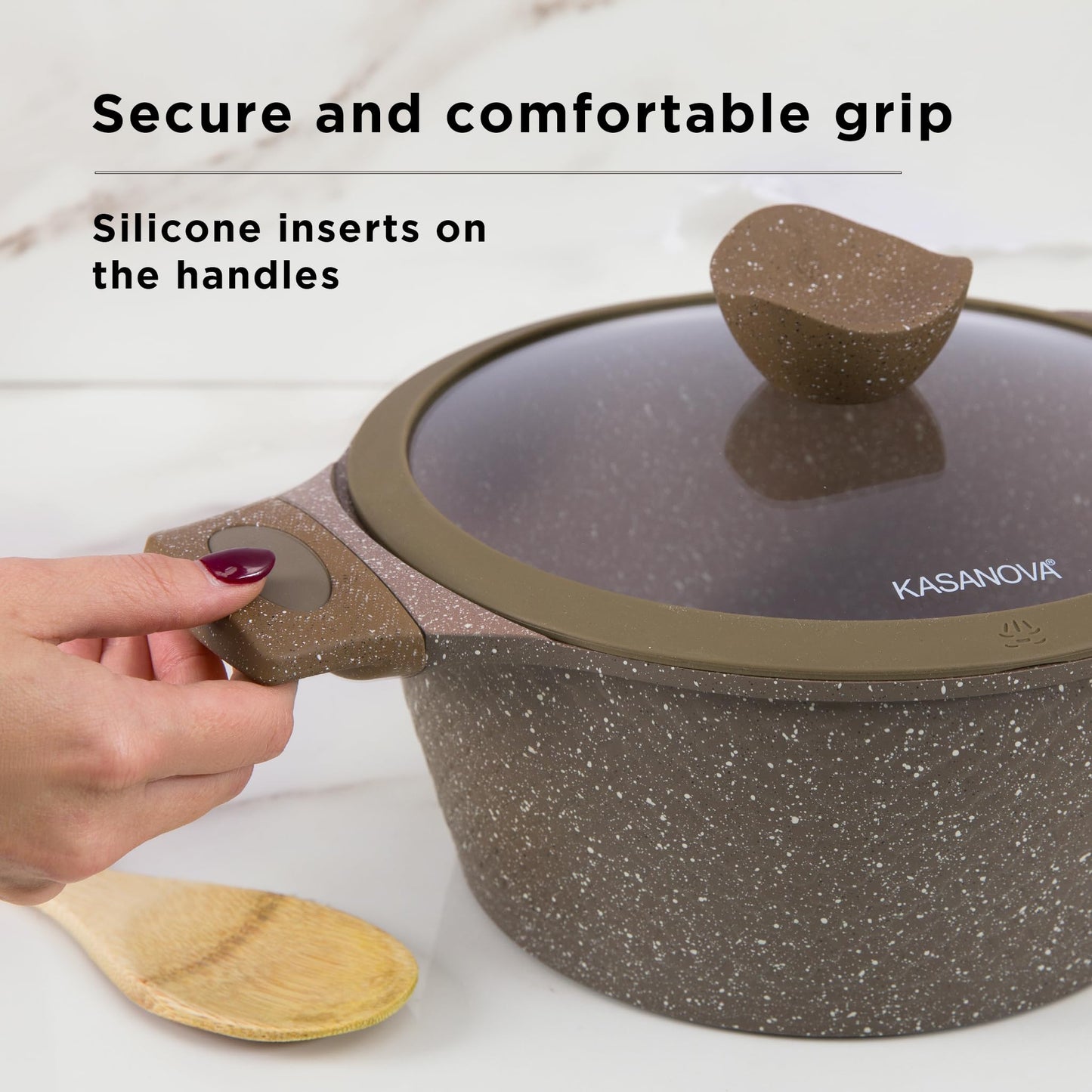 KASANOVA Pots and Pans set for cooking nonstick, 10Pcs, Durable Aluminum cookware set, PFOA-free, Kitchen pans set with glass lid, Induction safe, Taupe (10)