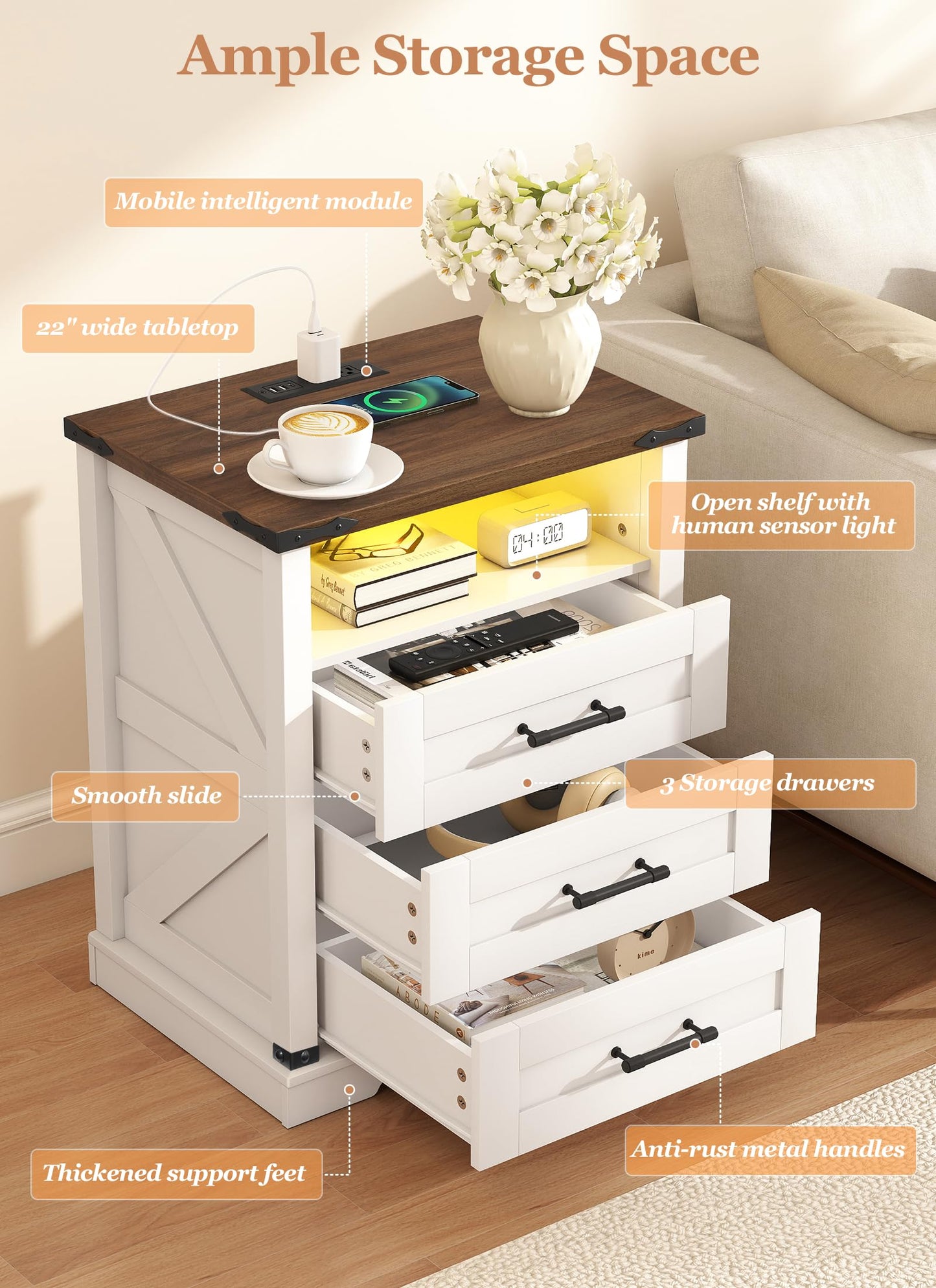 Night Stand with Charging Station 22" Large Farmhouse Nightstands with 3 Drawers and Open Storage Smart Bedside Table with Human Sensor LED Light End Tables for Bedroom Living Room White