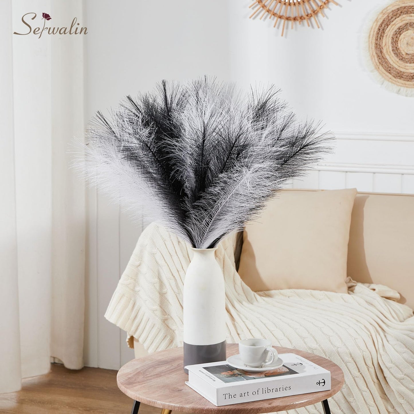 Serwalin 60Pcs Black Pampas Grass Decor, 17'' Faux Pampas Grass, Fluffy Artificial Pompous Grass Vase Filler Flower Arrangement for Living Room Decor Wedding Party Home Decor (Black＆White＆Gray)