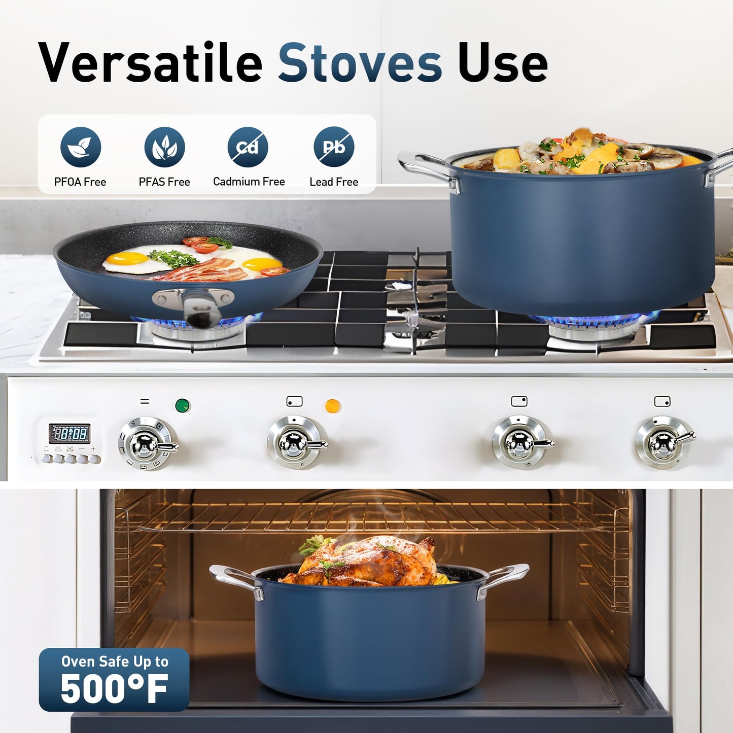 MAISON ARTS Plasma Titanium Coating Non stick Cookware Sets, 6 Piece Induction Pots and Pans Set, Non-Toxic Deep Frying Pan and Casserole with Silicone Glass Lid