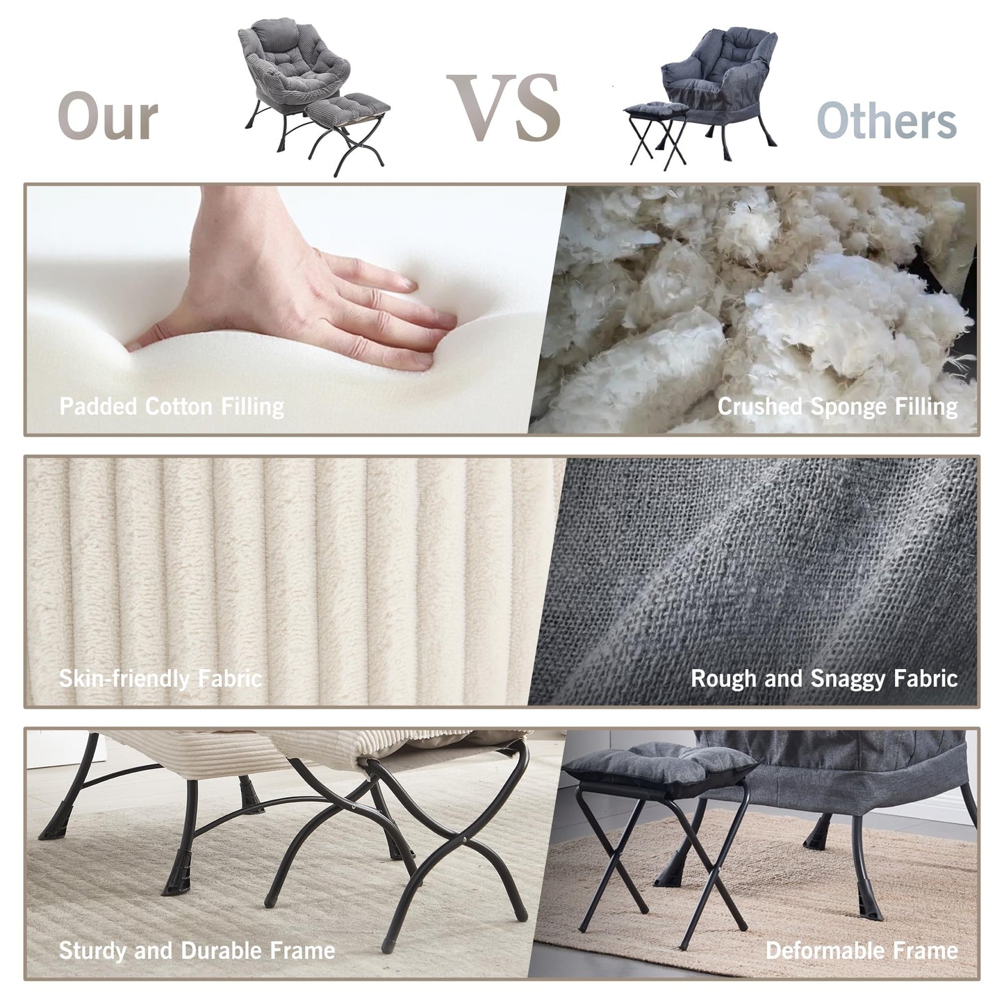 HOMEFUN Lazy Chair with Ottoman Bedroom Chairs for Adults Modern Lounge Accent Chair with Armrests, Ergonomic Footrest for Small Spaces, Comfy Reading Chair for Living Room, Bedroom, Office White