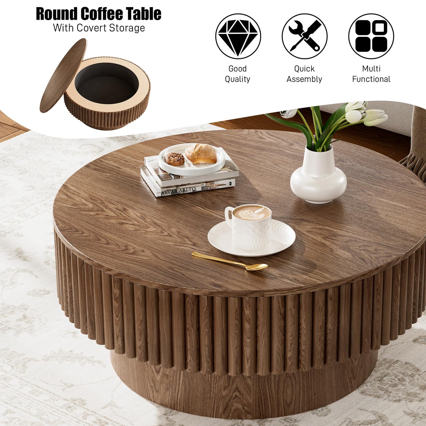 Rophefx Round Coffee Table with Storage, Wood Circle Coffee Tables for Living Room, Fluted Modern Circle Drum Center Tea Tables, ø31.5" x 14"H, Walnut Color