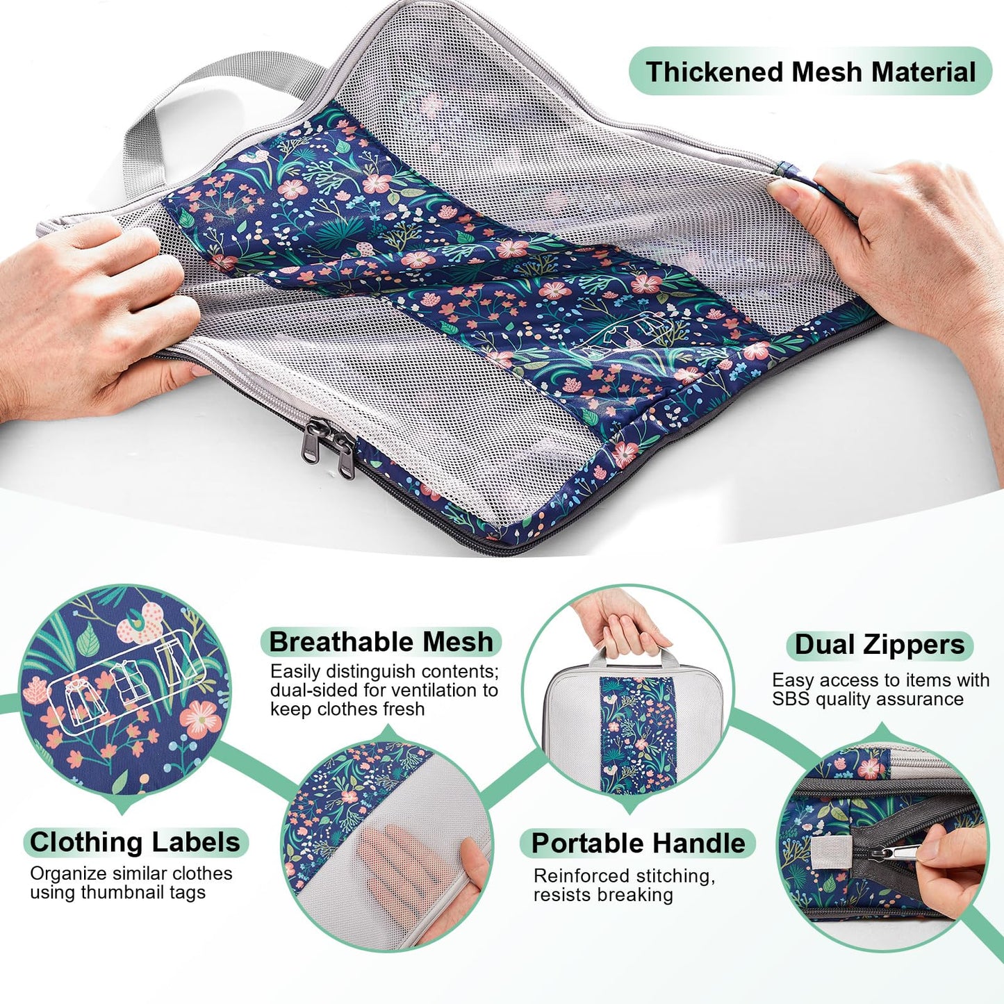 8 Set Compression Packing Cubes for Travel Essentials,Compressible Expandable Packing Cubes for Suitcase,OlarHike Luggage Organizer Bags,Handy Helper for Organizing Clothes(Dark Blue Floral)