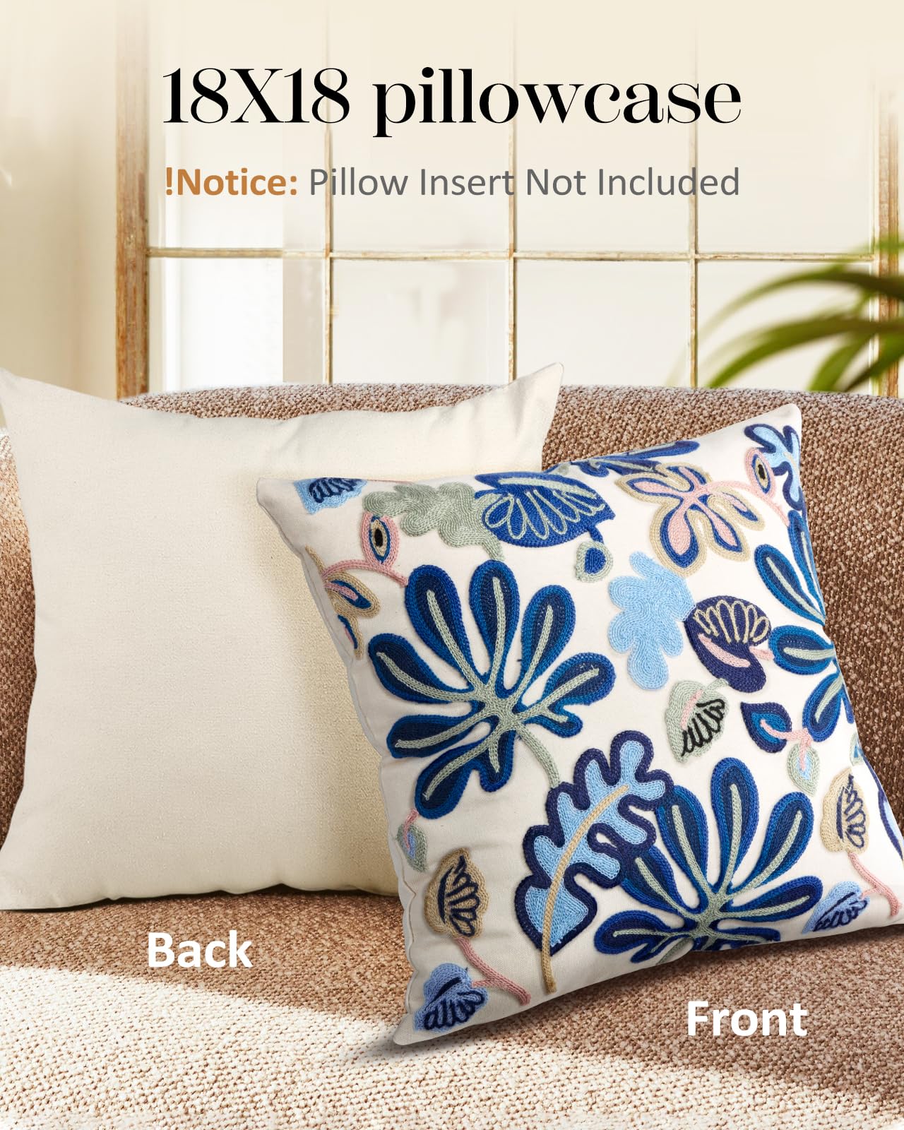 Kokaaee Embroidered Throw Pillow Cover - 18x18 inch Decorative Pillow Covers with Zipper Pillow Cover for Living Room Couch Sofa Bed Aesthetic Design Abstract Linen Cotton Pillowcase Covers