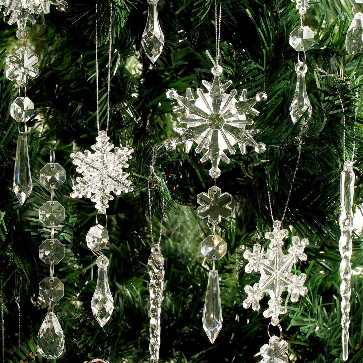 20pcs Christmas Ornaments Set for Tree - Hanging Acrylic Crystal Snowflake Icicle Drop Decorations for Winter Christmas Tree, New Year Party Supplies