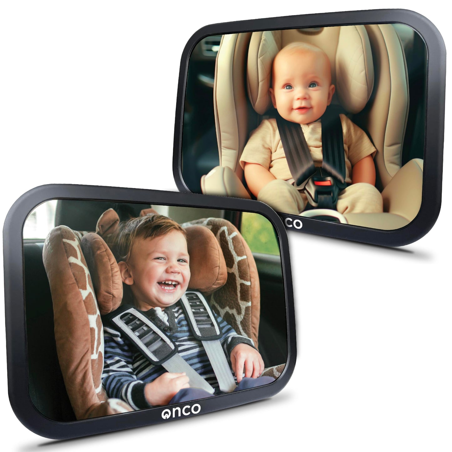 Onco Baby Car Mirror Rear Facing - Double Award-Winning Convex Car Mirror for Baby, 100% Shatterproof & Shakeproof with 360° Rotation, Newborn Essentials (9.6 x 6.9 in)