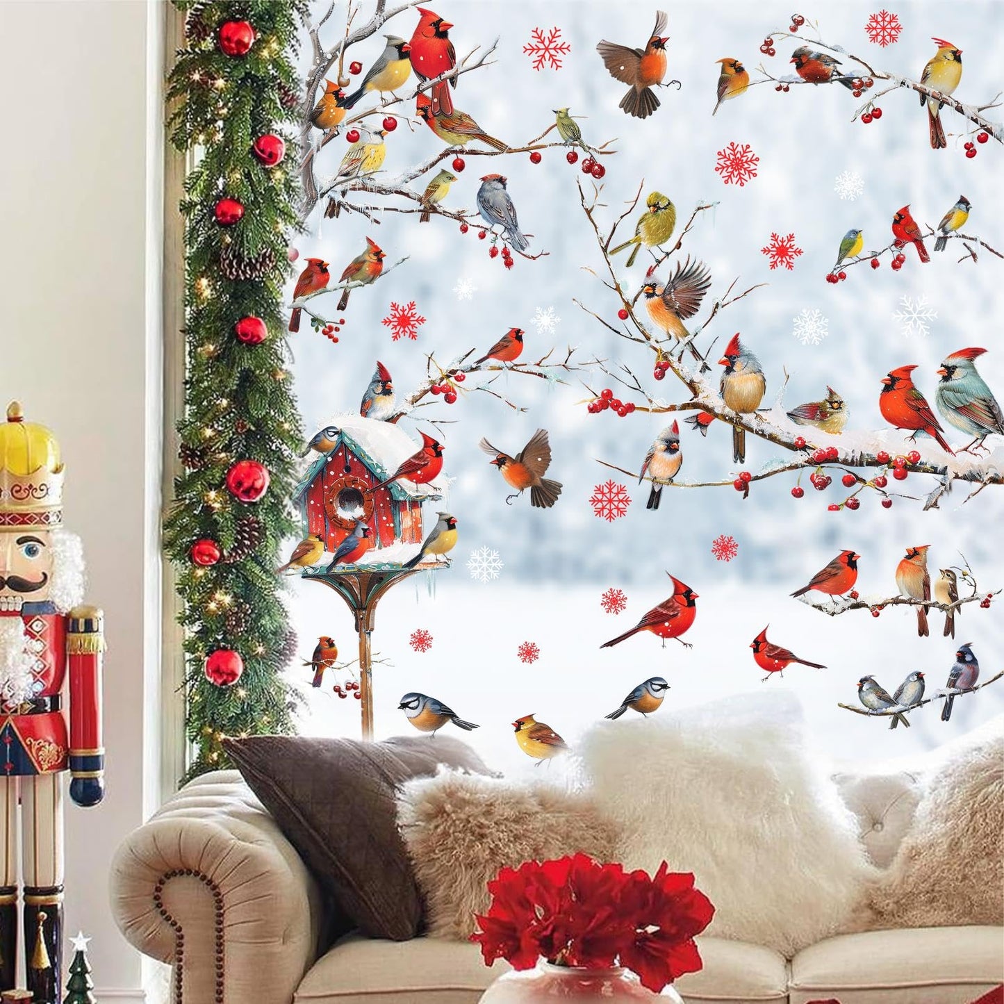Winter Window Stickers Christmas Window Clings Indoor Outdoor Decoration Xmas Stickers for Winter Holiday Supplies Birds Tree Branch Window Decals for New Year Christmas Party Living Room Home Decor